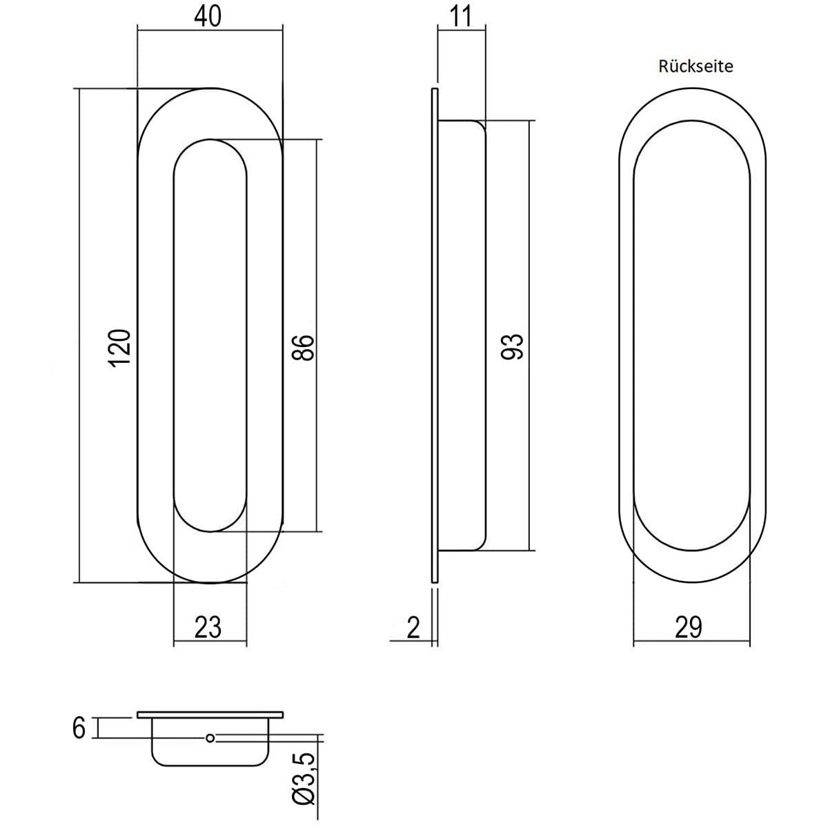 MS Beschläge Schiebetürmuschel Einlassmuschel oval 120x40mm Edelstahl Möbelgriff, Muschelgriff gebürstet - Einlassgriff Türgriff – Bild 3 von 5