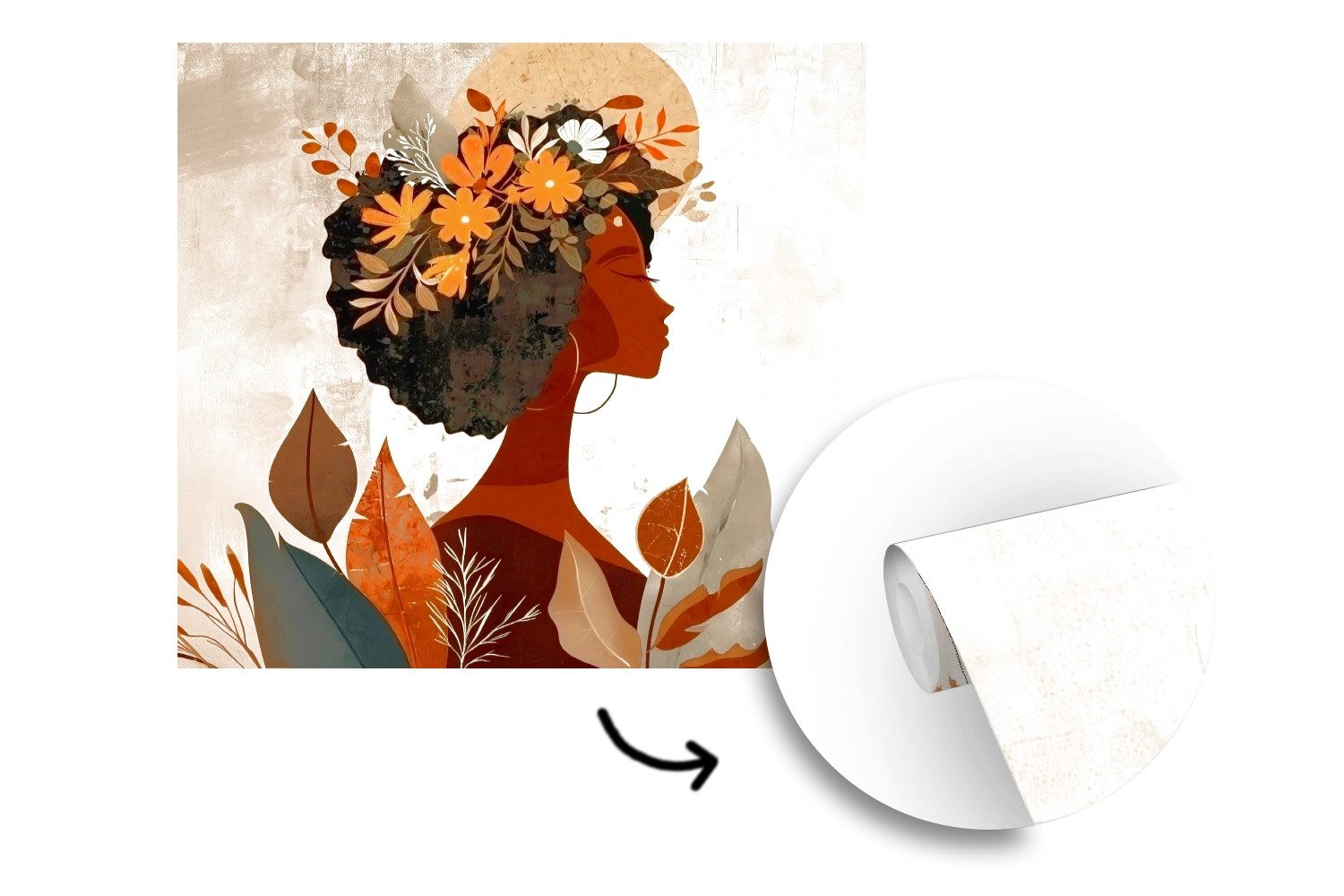 MuchoWow Fototapete Frau - Locken - Blumen - Beige, Matt, bedruckt, Vliestapete für Wohnzimmer Schlafzimmer Küche, Fototapete, 220x220 cm