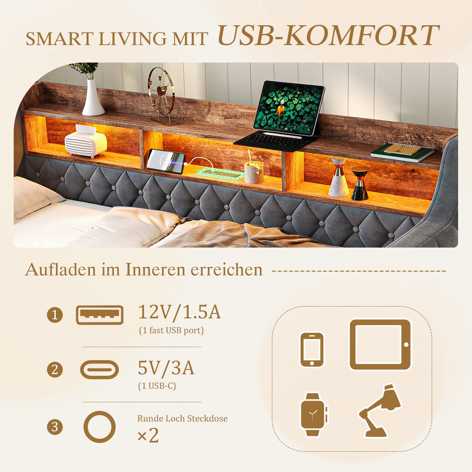 Celya Polsterbett Schlafsofa aus Samt mit Stauraum (ohne Matratze mit LED-Ambiente und USB-C-Anschluss), Ideal für Schlafzimmer, Gästezimmer oder Jugendzim – Bild 4 von 5