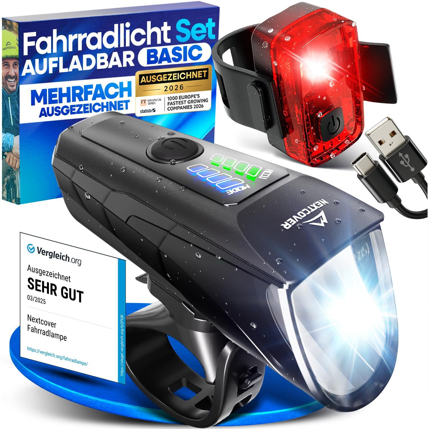 Nextcover Fahrradbeleuchtung LightSense Set mit Lichtsensor & Akku, StVZO, LED vorne & hinten