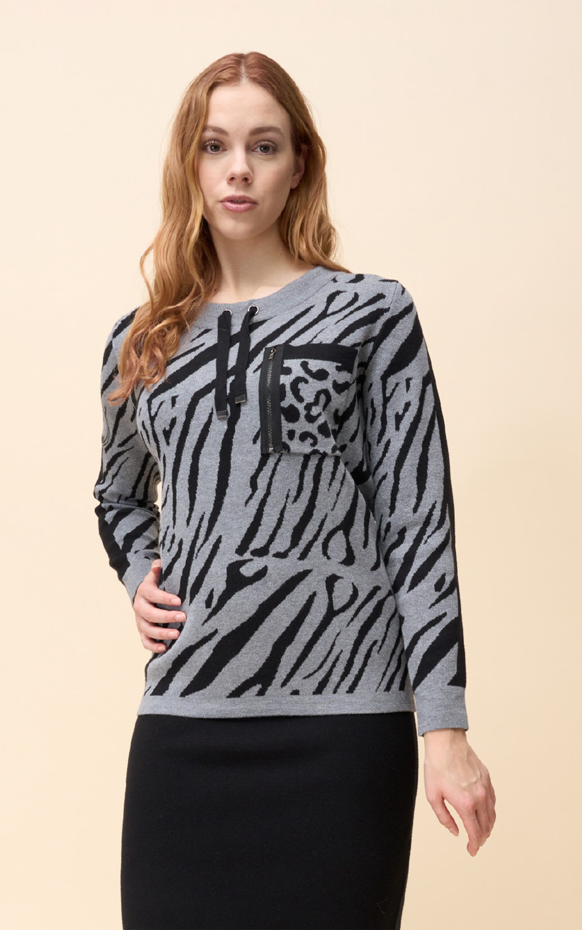 Passioni Strickpullover mit Animalprint und Tasche günstig online kaufen