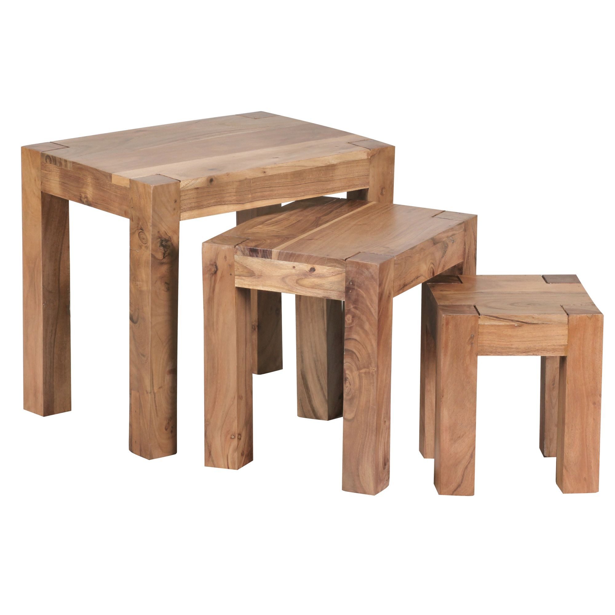 KADIMA DESIGN Satztisch 3er Set MUMBAI Satztisch Massiv-Holz Akazie Wohnzimmer-Tisch, Landhaus-Stil Beistelltisch dunkel-braun Naturholz
