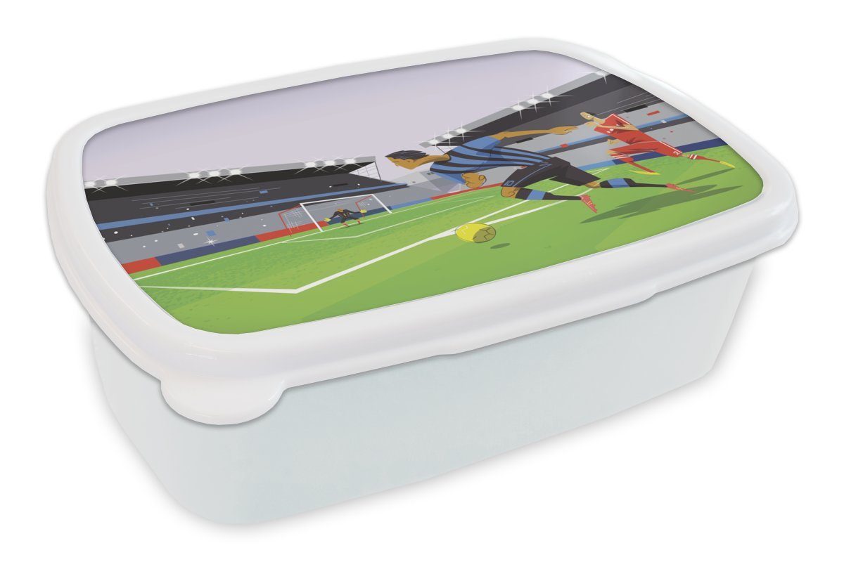MuchoWow Lunchbox Eine Illustration von Spielern, die in einem Stadion Fußball spielen -, Kunststoff, (2-tlg), Brotbox für Kinder und Erwachsene, Brotdose, für Jungs und Mädchen weiß