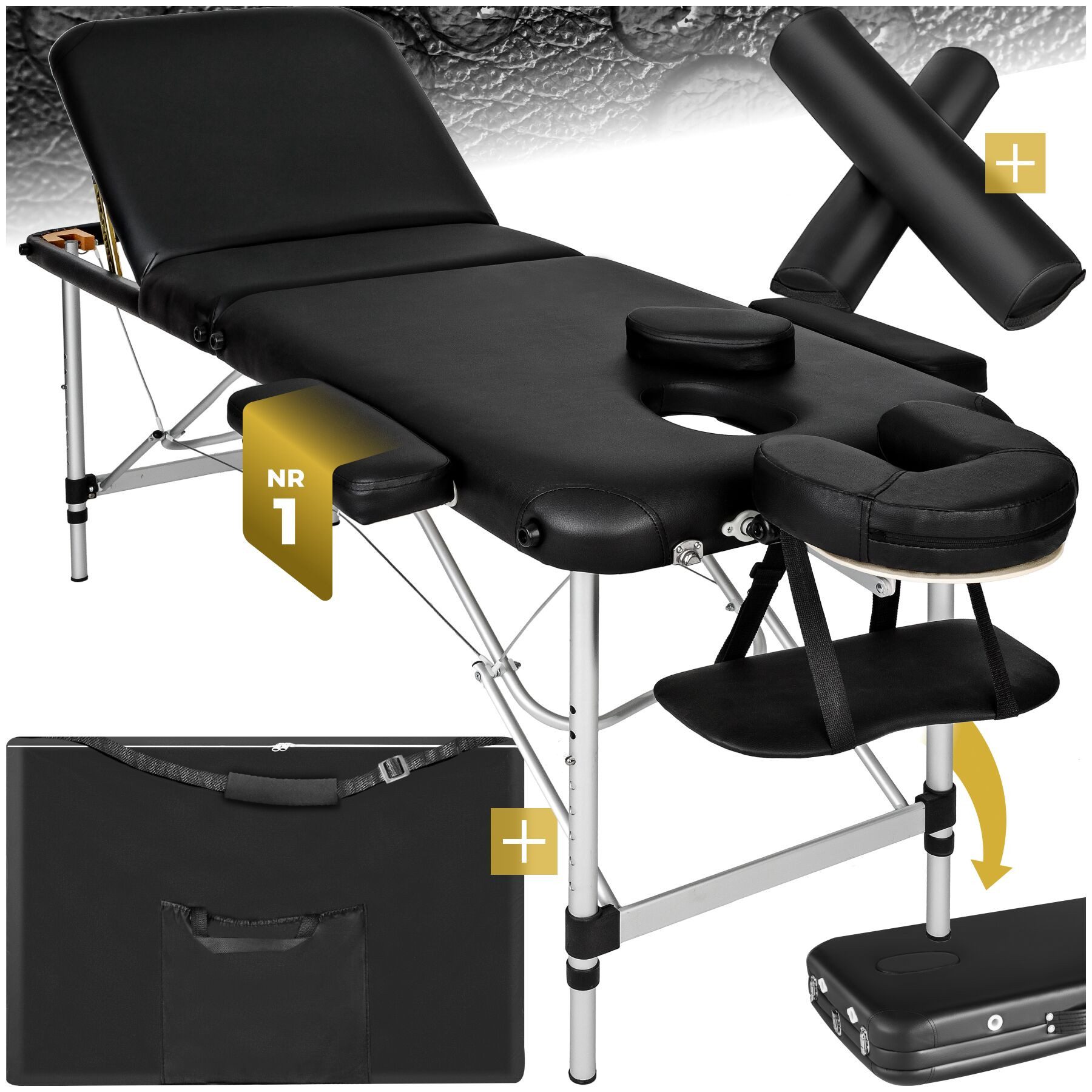 tectake Massageliege 3-Zonen-Massagetisch-Set, Maße: 210 x 95 x 89 cm, Polsterung 5 cm (Kosmetikliege, 1-St., in schwarz), Breite 60 cm, Lagerungsrollen & Tragetasche, klapp- & höhenverstellbar