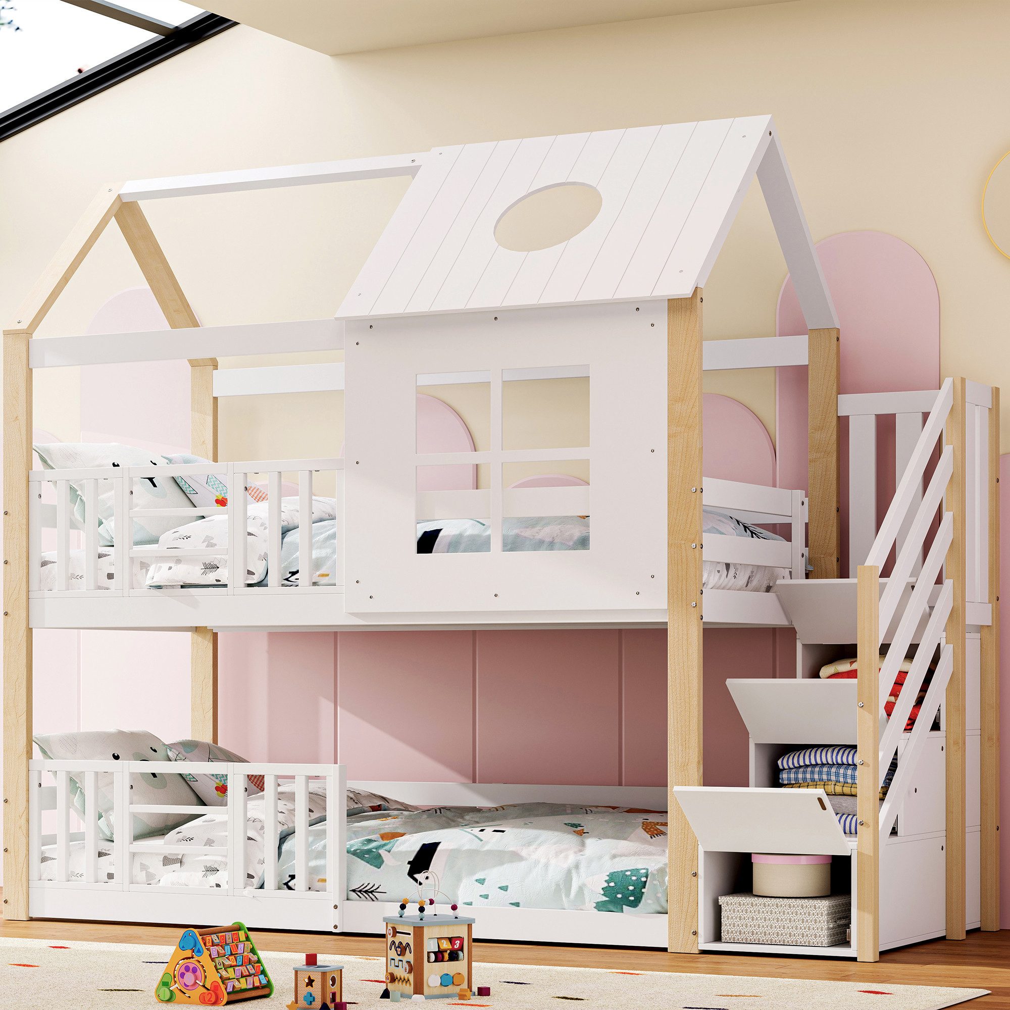 Etagenbett Kinderbett mit Fallschutzgitter und Aufbewahrungstreppe