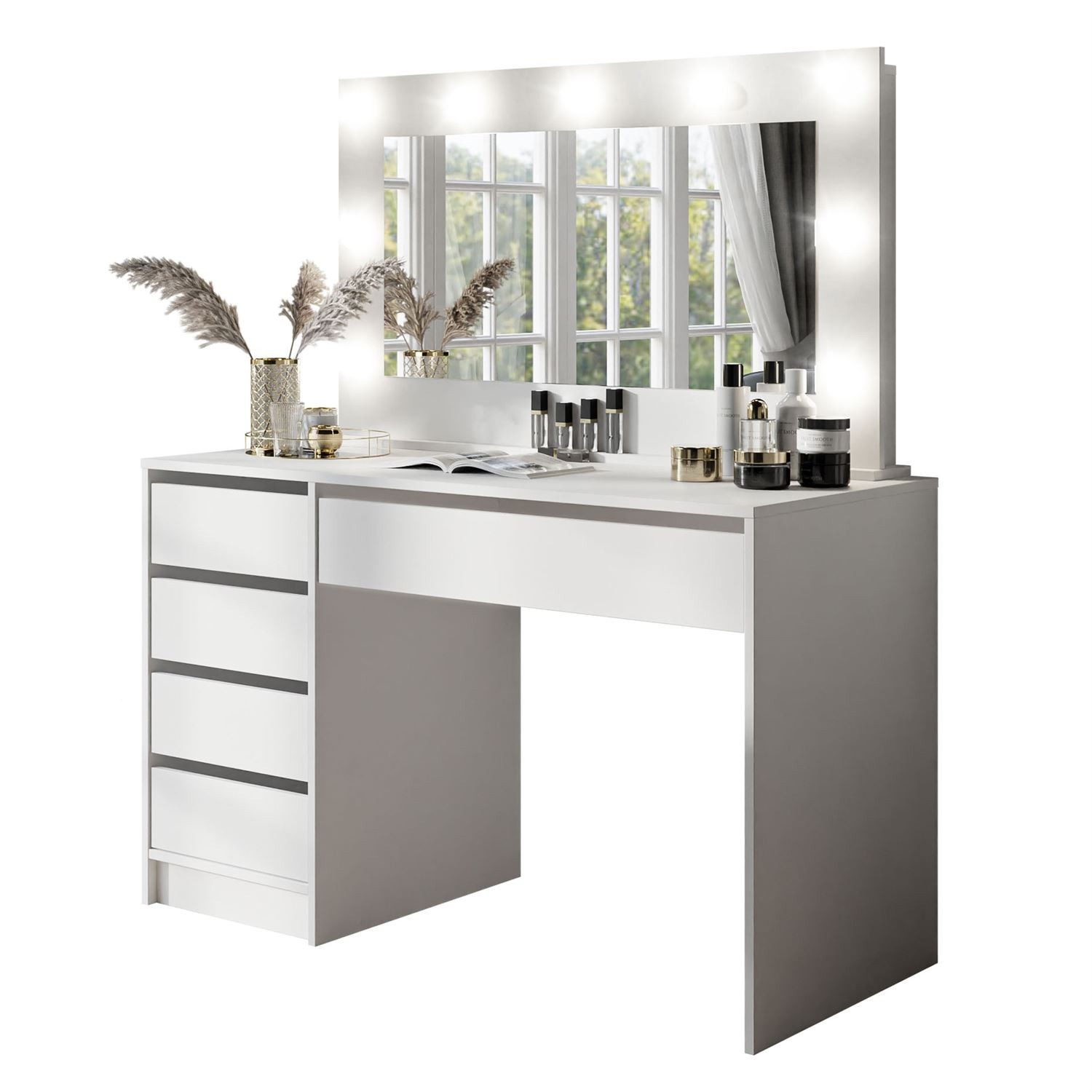 ALLHOUSE24 Schminktisch HOLLYWOOD Spiegel und Glühbirnen weiß Glanz/weiß Schreibtisch, Breite 120 cm