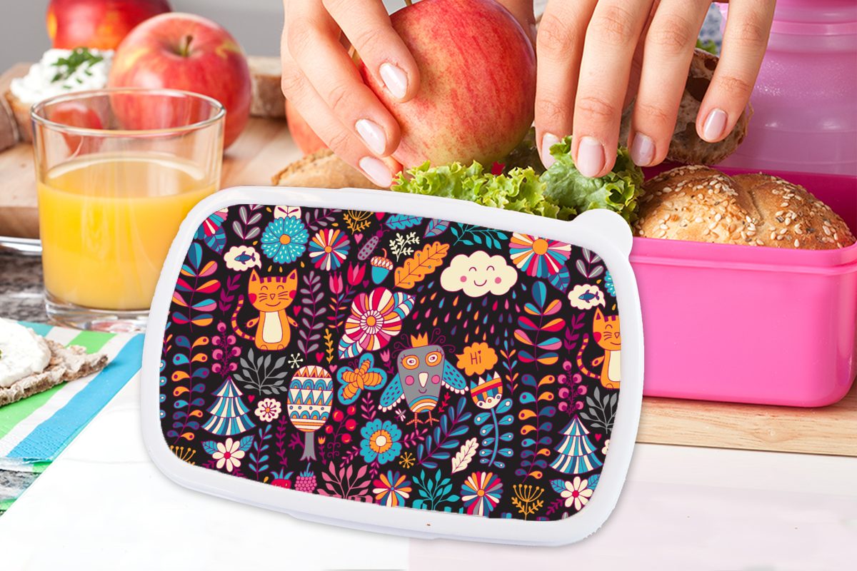 MuchoWow Lunchbox für Muster Brotdose Kinder, Blumen, Erwachsene, Kunststoff, rosa Snackbox, - - (2-tlg), Katze Eule Kunststoff Brotbox Mädchen, 