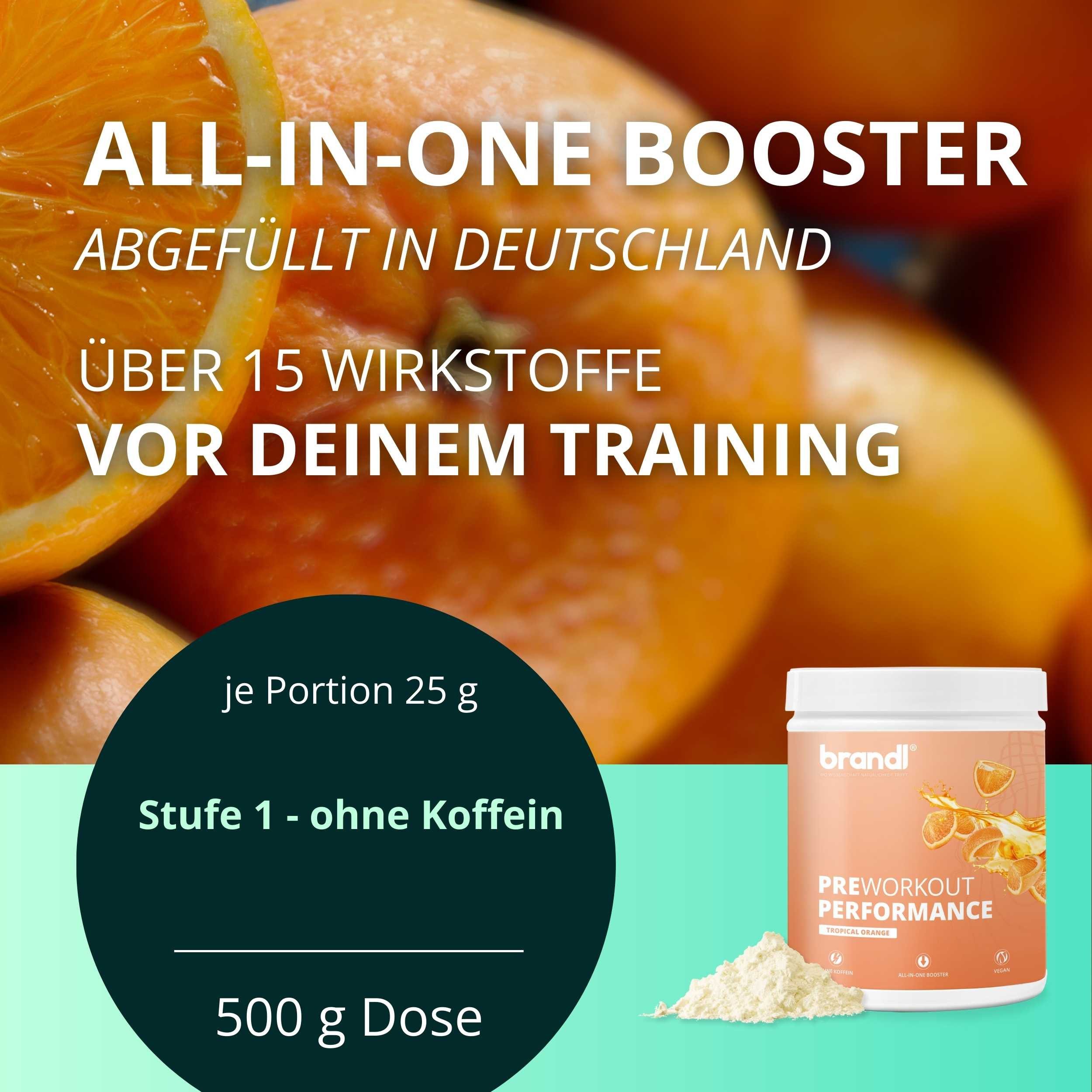 Brandl Nutrition PreWorkout Booster mit Vitamin B6, L-Citrullin für Gym und Workouts Pulver, Performance Shake, tropical orange & unabhänging laborgeprüft
