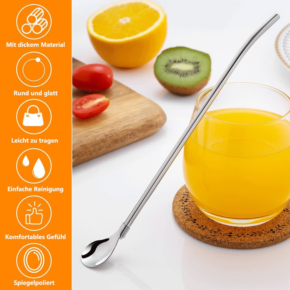 FOUORTUNATE-BEE Trinkhalme 10 Stück Edelstahl Trinkhalme Trinkhalmlöffel Löffelstrohhalme, (Wiederverwendbare Löffelhalme mit 2 Stück Strohhalm Reinigungsbürste, für Smoothies, Milchshakes, Cocktail, Kaffee)