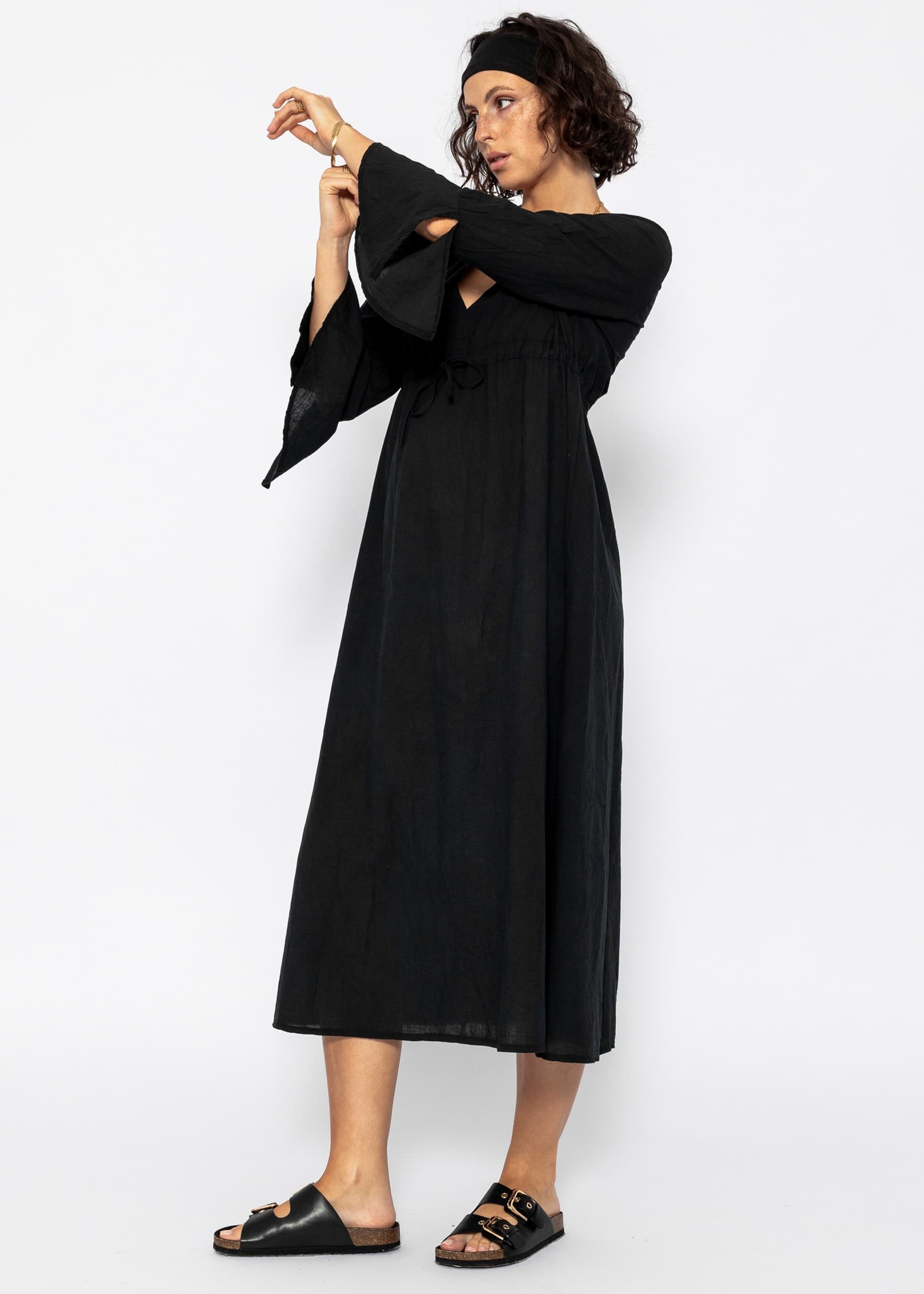 SASSYCLASSY Midikleid Baumwollkleid mit Schlitz und weiten Ärmeln Luftiges Midi Kleid mit 3/4 Ärmeln und V-Ausschnitt