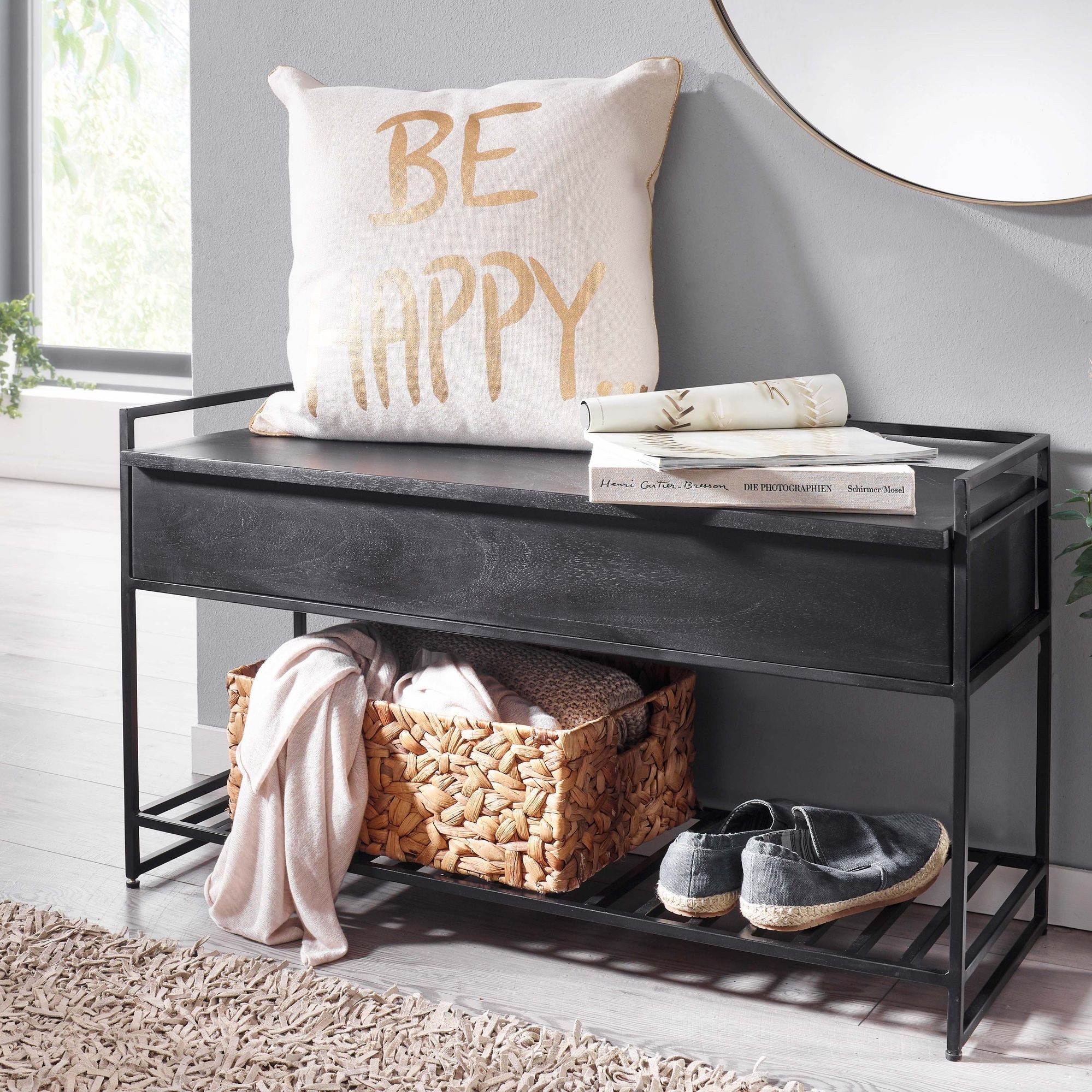 FINEBUY Sitzbank FB34727 Flurbank mit Stauraum 90x52x38 cm Massivholz Bank Flur Truhe (Flurbank mit Stauraum, Schuhbank mit Ablage), 90x52x38 cm Mango Massivholz / Metall Schwarz