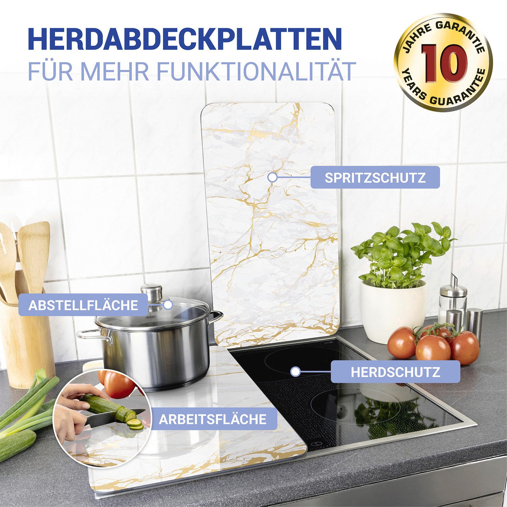 WENKO Herd-Abdeckplatte Universal Modell Marmor Gold, Glas, Kunststoff, (Set, 2 tlg), Herdabdeckung für alle Herdarten, kratzfest, mit rutschfesten Füßen