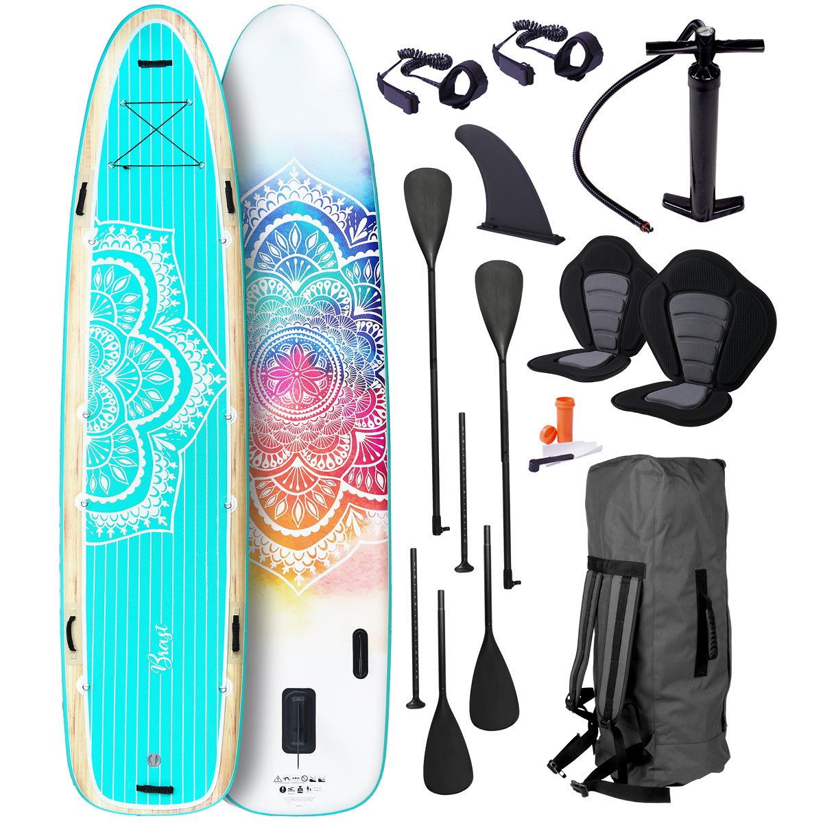 BRAST SUP-Board Family Aufblasbares Stand up Paddle Set XXL - 370x87x15cm bis 210kg, inkl. Zubehör 2X Kajak-Sitz 2X Fußschlaufe, (5 Jahre Garantie), 2X Paddel Pumpe Rucksack