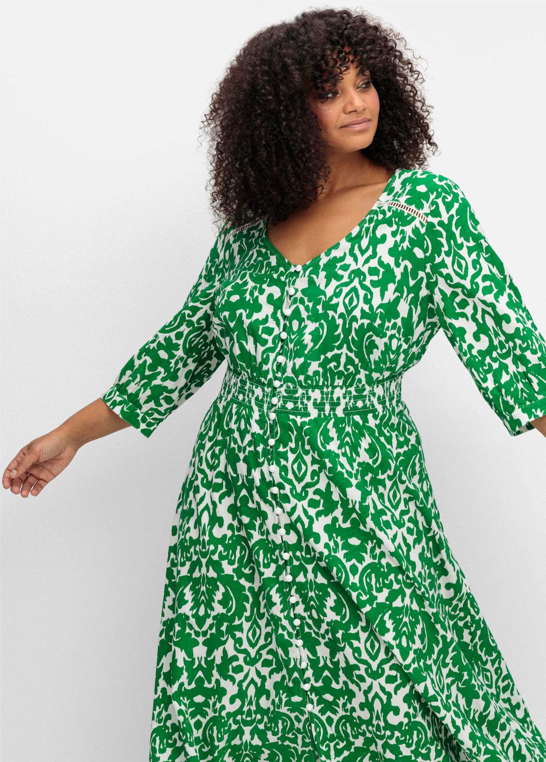 sheego by Joe Browns Etuikleid Druckkleid 3/4-Arm mit Punkteprint und gesmokter Taille