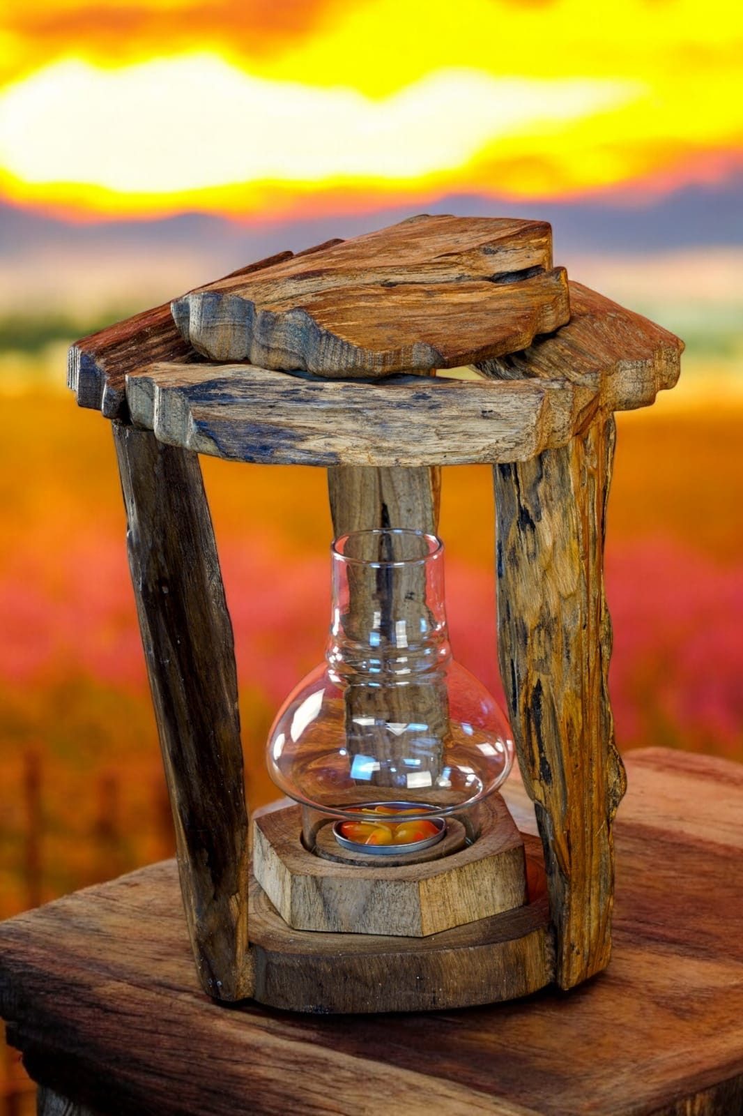 Kinaree Kerzenlaterne Wurzelholz Windlicht (inkl. Glasaufsatz), Akazien Massivholz, Handgefertigt, Naturprodukt, Outdoor geeignet