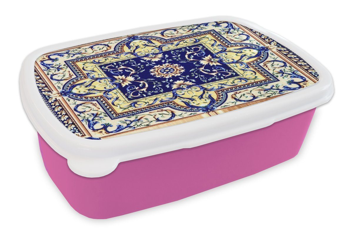 MuchoWow Lunchbox Perserteppich - Teppich - Muster - Blau, Kunststoff, (2-tlg), Brotbox für Erwachsene, Brotdose Kinder, Snackbox, Mädchen, Kunststoff rosa