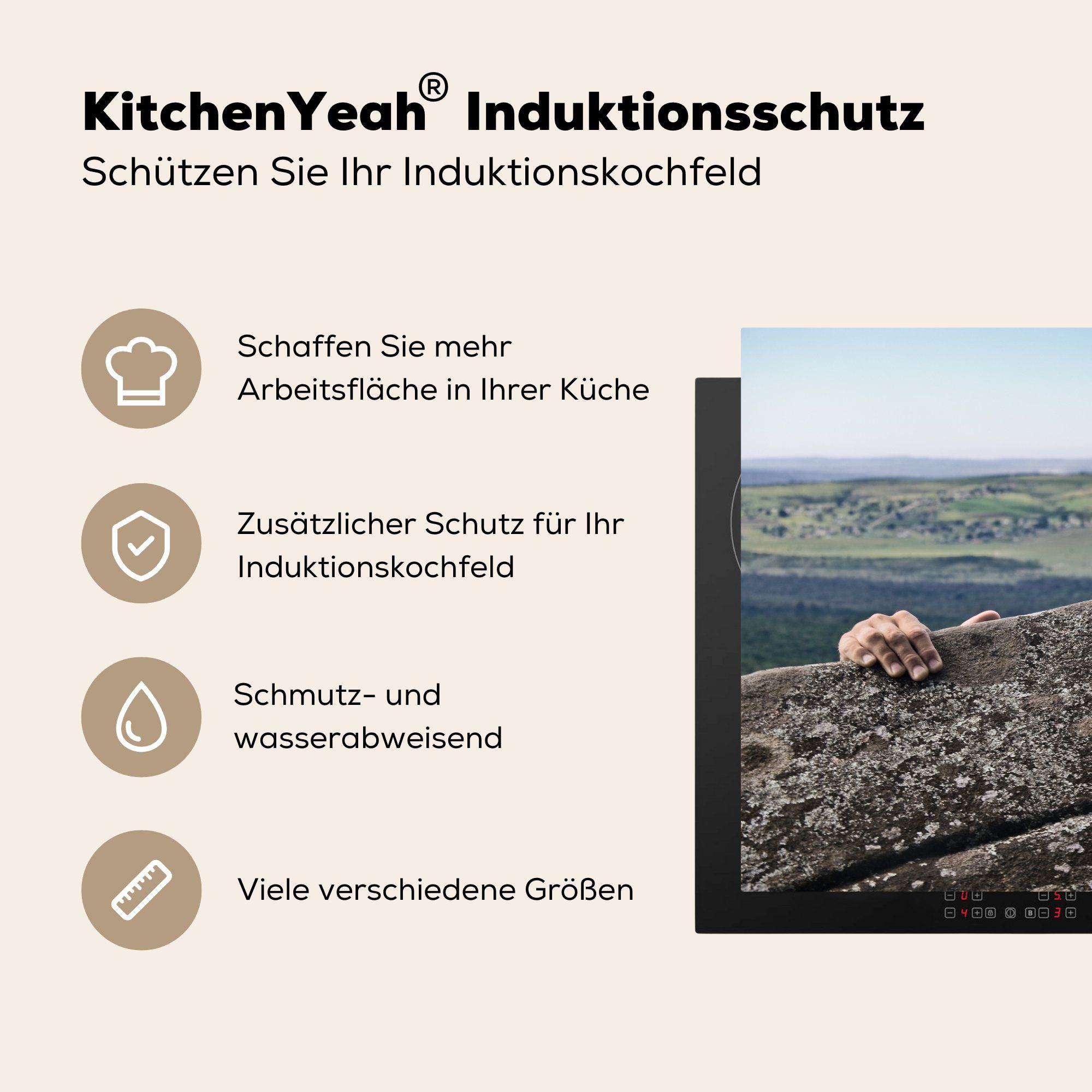 Induktionskochfeld den erreicht (1 Schutz für Herdblende-/Abdeckplatte cm, die tlg), Vinyl, 81x52 küche, Gipfel, MuchoWow Bergsteiger mit Ceranfeldabdeckung Mühe