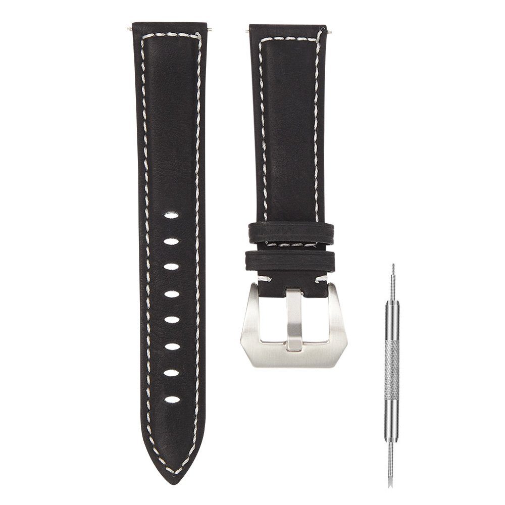 18mm Silber Uhren, mit 20mm Uhrenarmband Ersatzarmband 22mm Edelstahl Armband 24mm für BTTO Schnalle, Schwarz Leder Smartwatch-Armband
