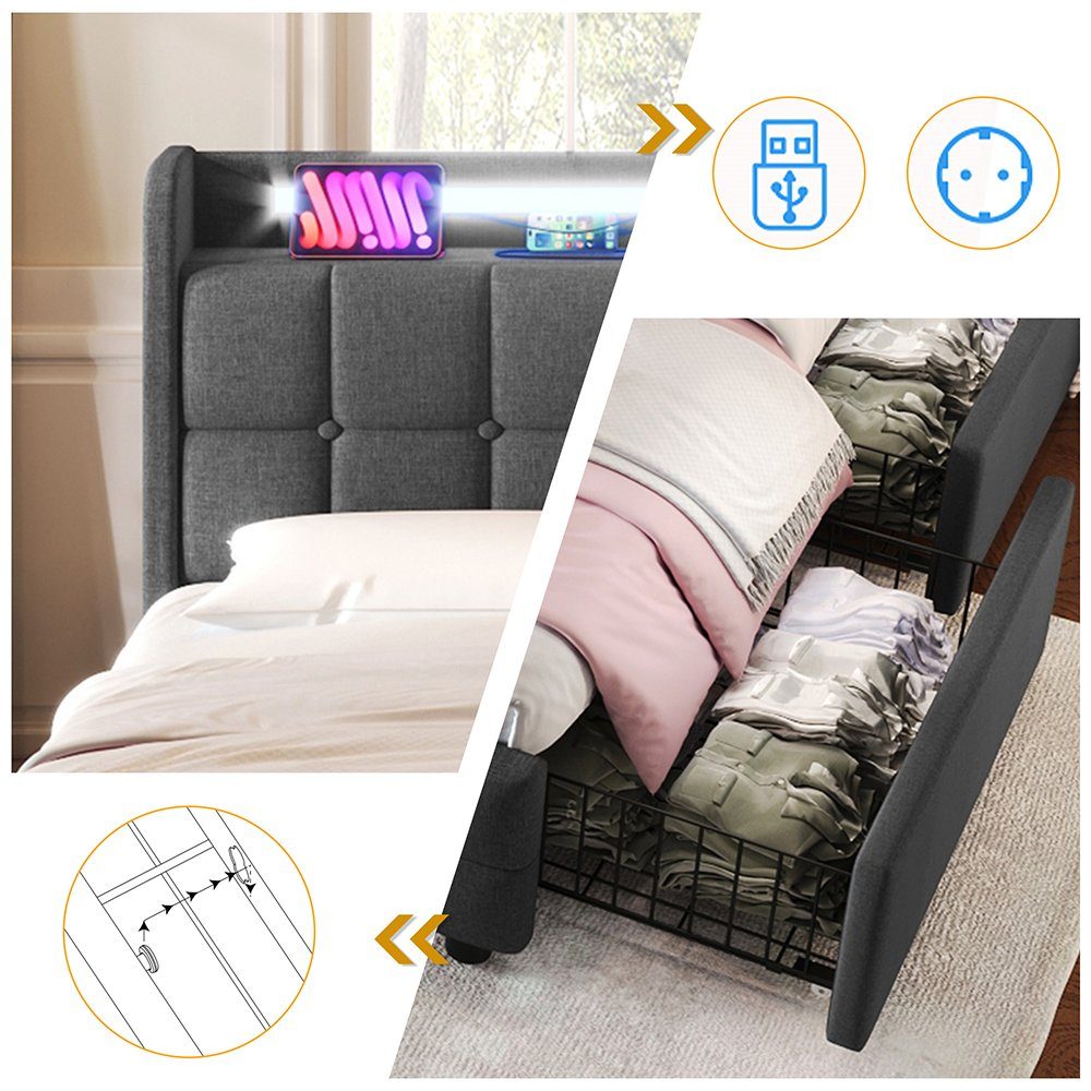 Polsterbett (Stauraumbett mit Lattenrost), Dopplebett 180x200cm mit LED-Beleuchtung, Ladefunktion & 4 Schubladen