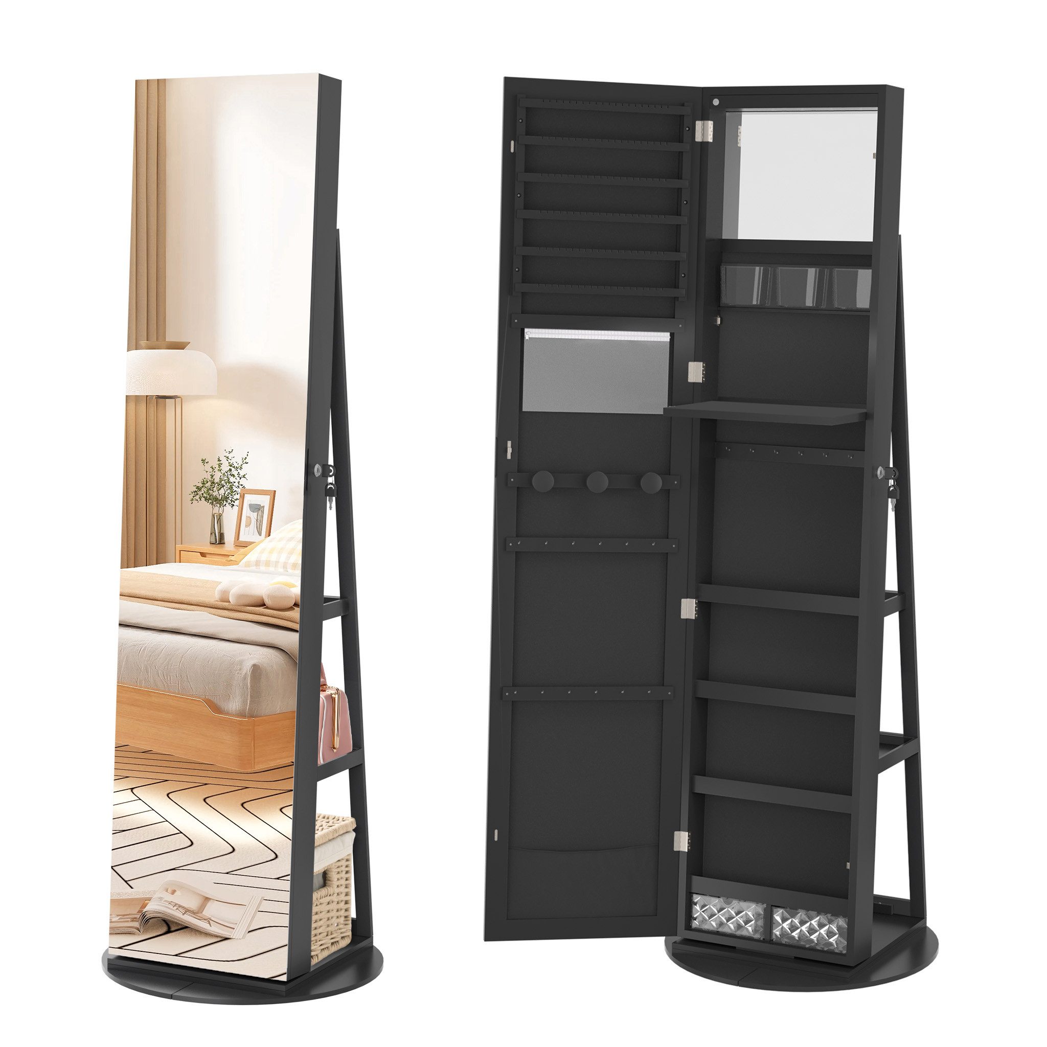 FIVMEN Schmuckschrank Spiegelschrank zur Aufhängen Hängend Abschließbar 2 in 1 Drehbare Halterun Wandspiegel und Schmuck Organizer Weiß/Schwarz