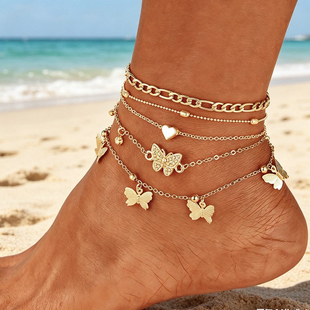 MOPUEA Fußketten Set Damen Boho Strand Fußschmuck mit Anhänger (Set, Retro Charm Anklets), Verstellbar Boho Sommer Surfer Fußkettchen für Frauen