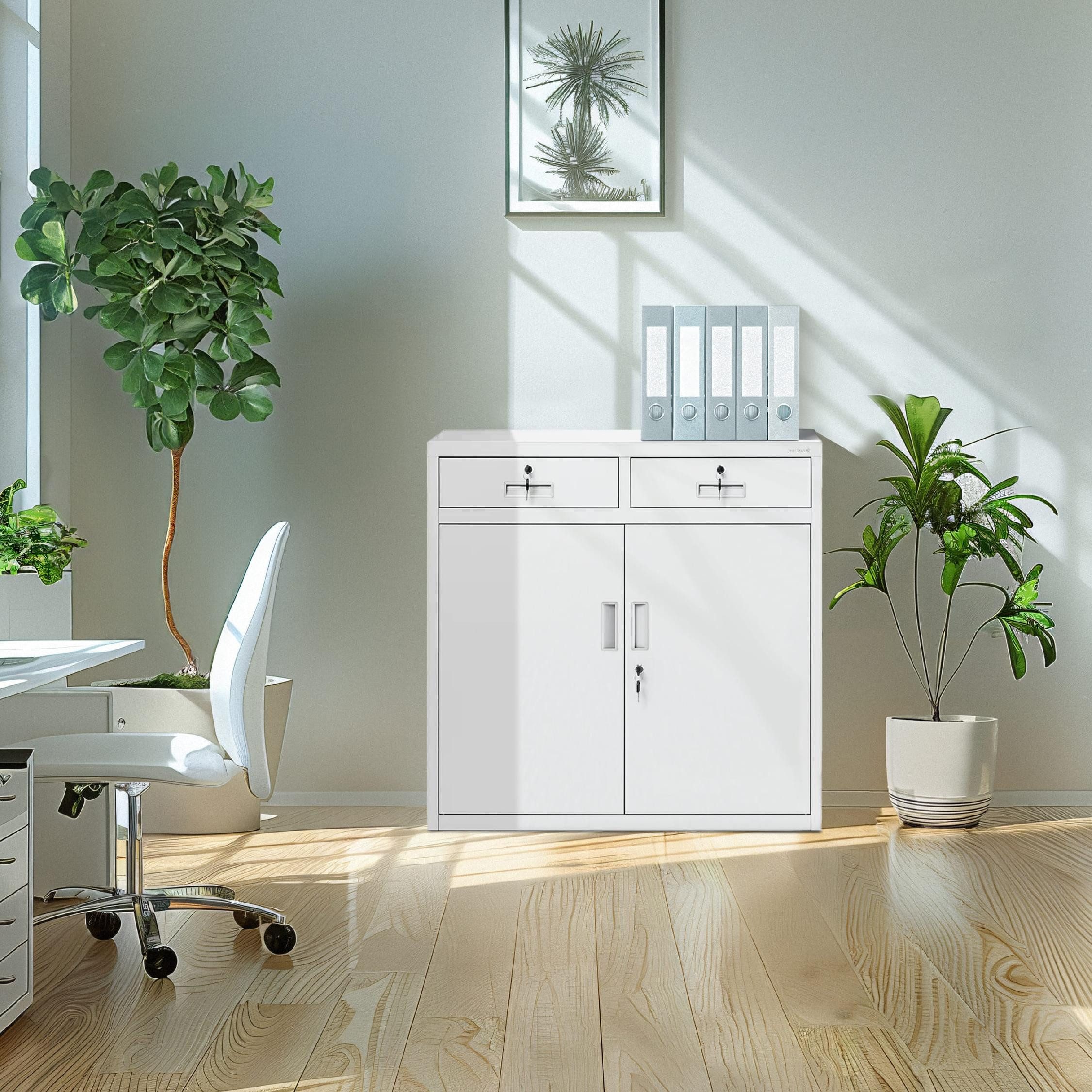 Jan Nowak Aktenschrank Metall Schrank mit Schubladen 90 cm LENA 2 Schubladen Stahl (Stahl 0,6 mm PZH-zertifiziert DSGVO-konform 90 x 90 x 40 cm) Büroschrank abschließbar kompakt Schloss 2 Schlüssel robust Grau
