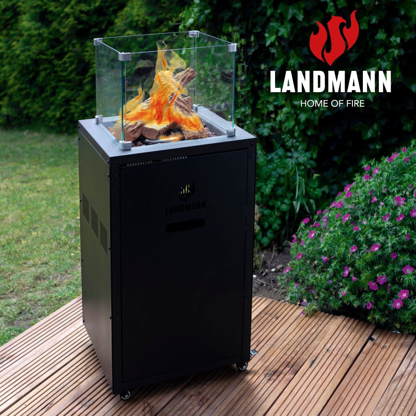 LANDMANN Feuerstelle Designfeuer Terrassenfeuer Glass Cube 46x46x110cm, Outdoor Heizstrahler | Feuerstellen