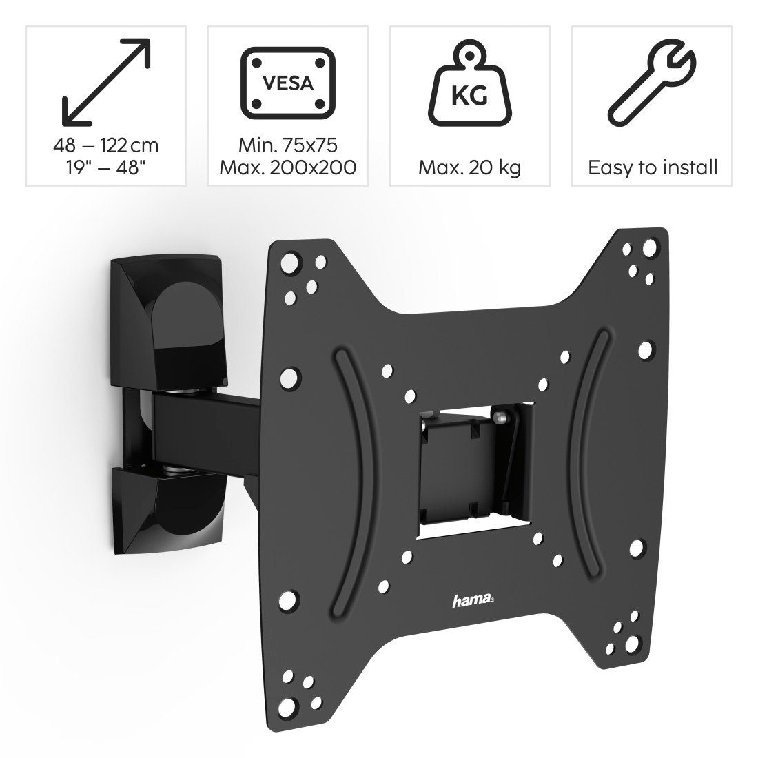 Hama TV-Wandhalterung Halterung, schwenkbar, neigbar 48 - 122 cm (19" - 48), (bis 48 Zoll, max. 20 kg)
