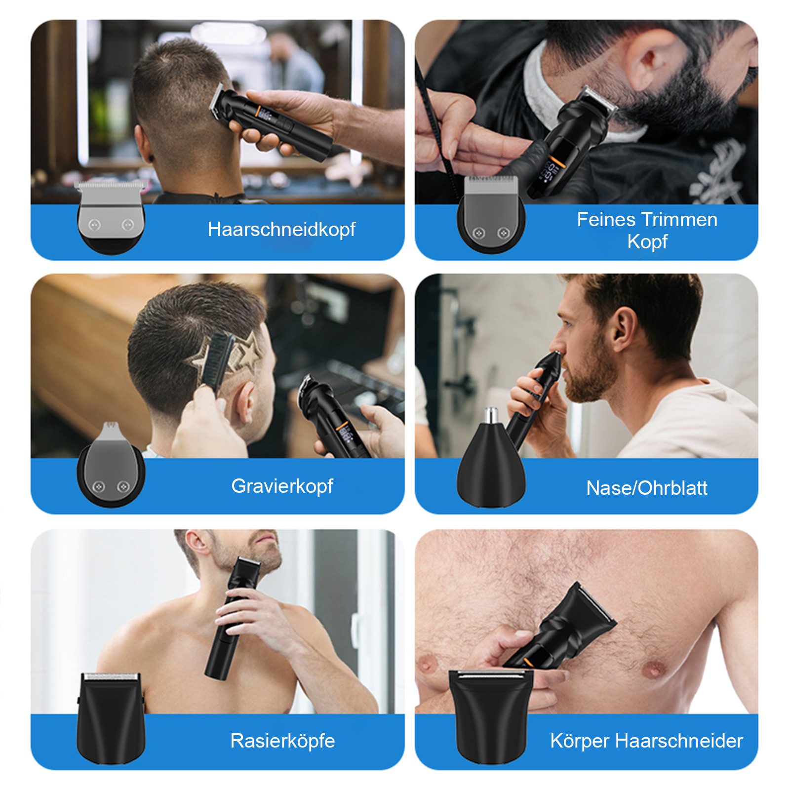 MODFU Haarschneider Profi 6-in-1 Bartschneider Set Herren mit LCD Display, Trimmer mit Edelstahlklingen Nasenhaartrimmer, 1200mAh Akku USB-Ladung leise hautfreundlich