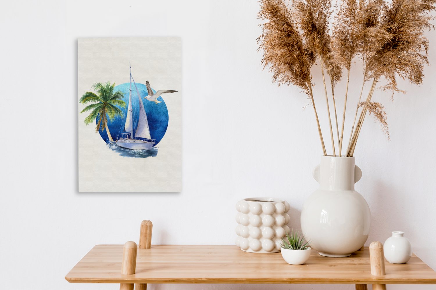 Zackenaufhänger, Segelboot Leinwandbild Gemälde, Aquarell, (1 fertig - St), OneMillionCanvasses® bespannt inkl. Meer - Leinwandbild 20x30 cm