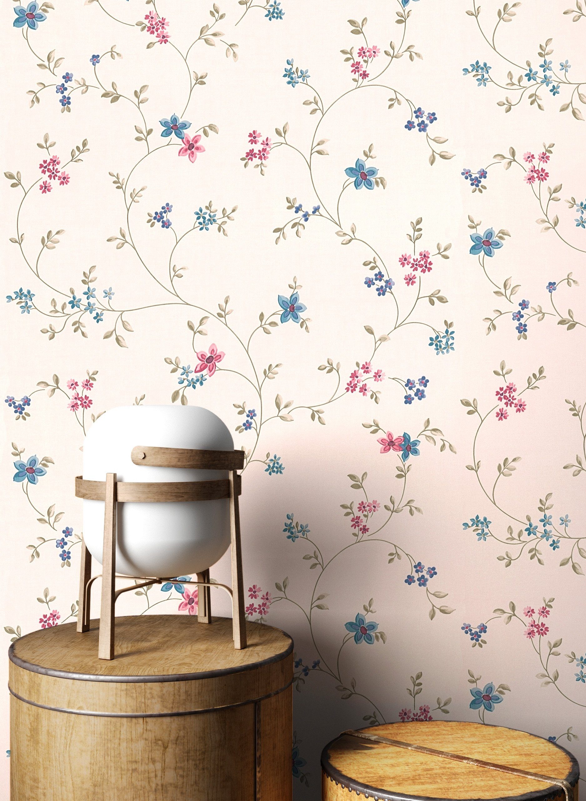 Newroom Vliestapete Florin Tapete Vintage Blumen,Blätter,Blüten, Blau Tapete Floral Blumen - Vintage Blumentapete Rosa Weiß Romantisch 3D Optik Blätter Blüten für Schlafzimmer Wohnzimmer Küche, Blumentapete
