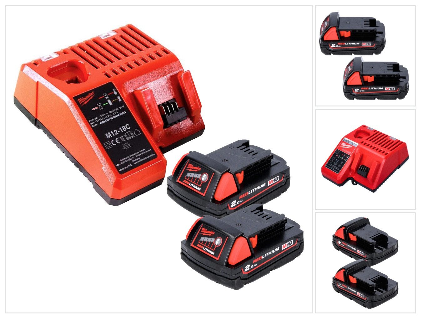 Milwaukee M18 B2 Akku Starter Set 18 V 2x 2,0 Ah (2x 4932430062) + M12-18C Akkupacks