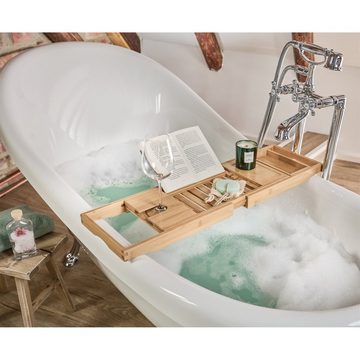 HTI-Living Badewannenablage Badewannenablage Holz ausziehbar, mit Buchstütze und Glashalter
