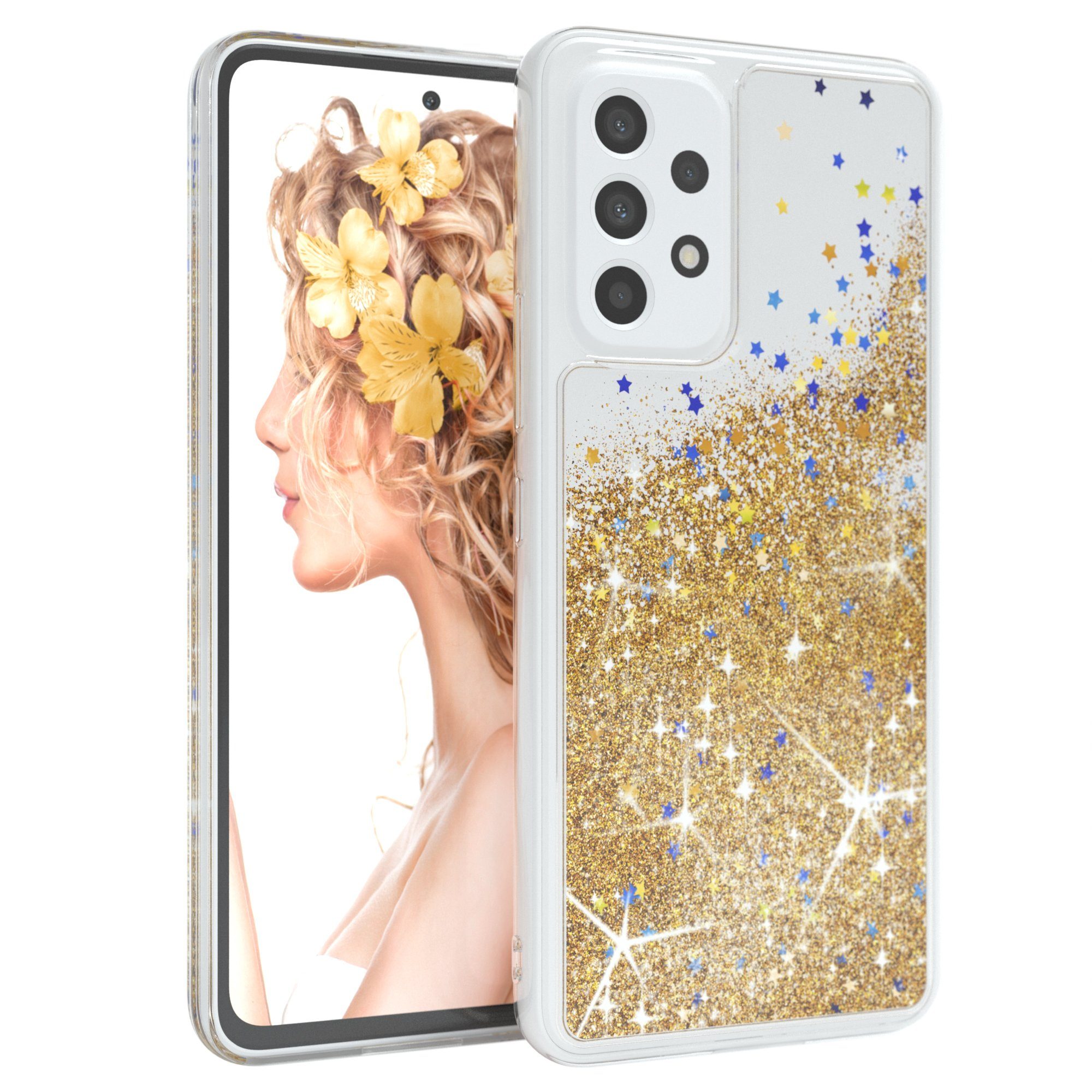 EAZY CASE Handyhülle Liquid Glittery Case für Samsung Galaxy A53 5G 6,5 Zoll, Durchsichtig Back Case Handy Softcase Silikonhülle Glitzer Cover Gold
