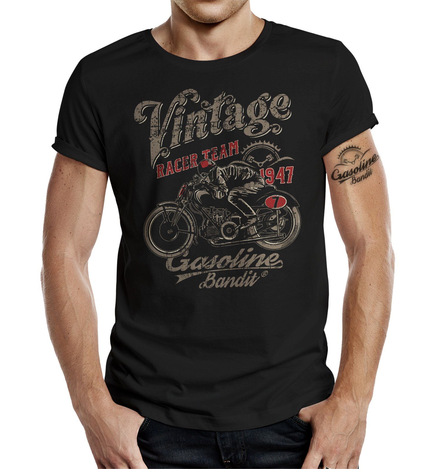 für Farbe Design GASOLINE T-Shirt im Biker: original BANDIT® Racer schwarz Vintage