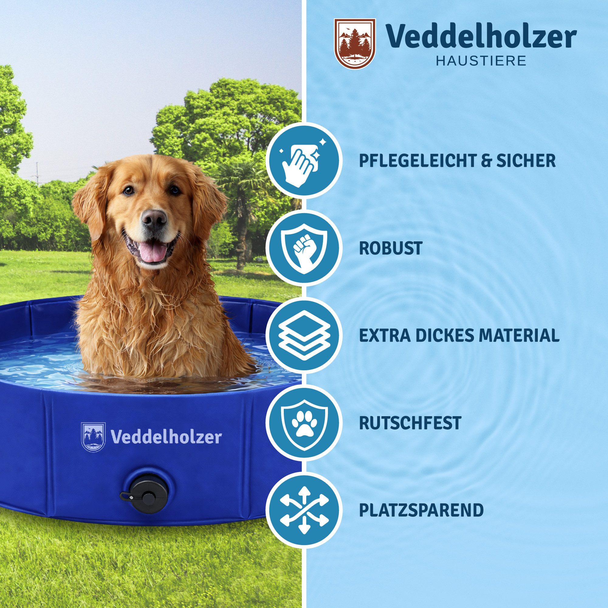 Veddelholzer Hundepool Faltbarer Hundepool M 80x20 cm rutschfest Robuster Hunde Swimmingpool, (platzsparend & stabil, ideal für Garten & Balkon), schneller Aufbau ohne Aufpumpen, für kleine & große Hunde