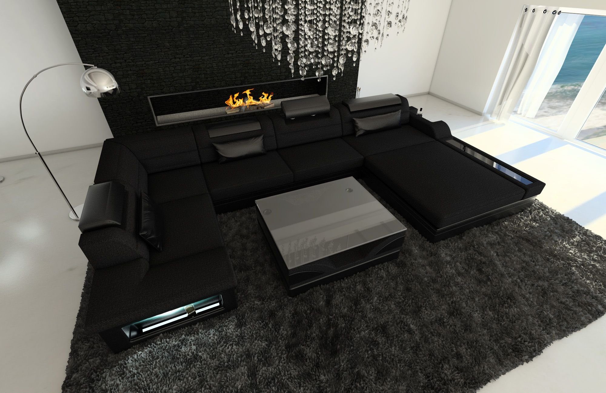 als Couch U mit H13 Stoffsofa, Designersofa Wohnlandschaft Mezzo Form Sofa Sofa Dreams Bettfunktion mit Polster wahlweise LED, Dunkelgrau-Schwarz Stoff Schlafsofa,