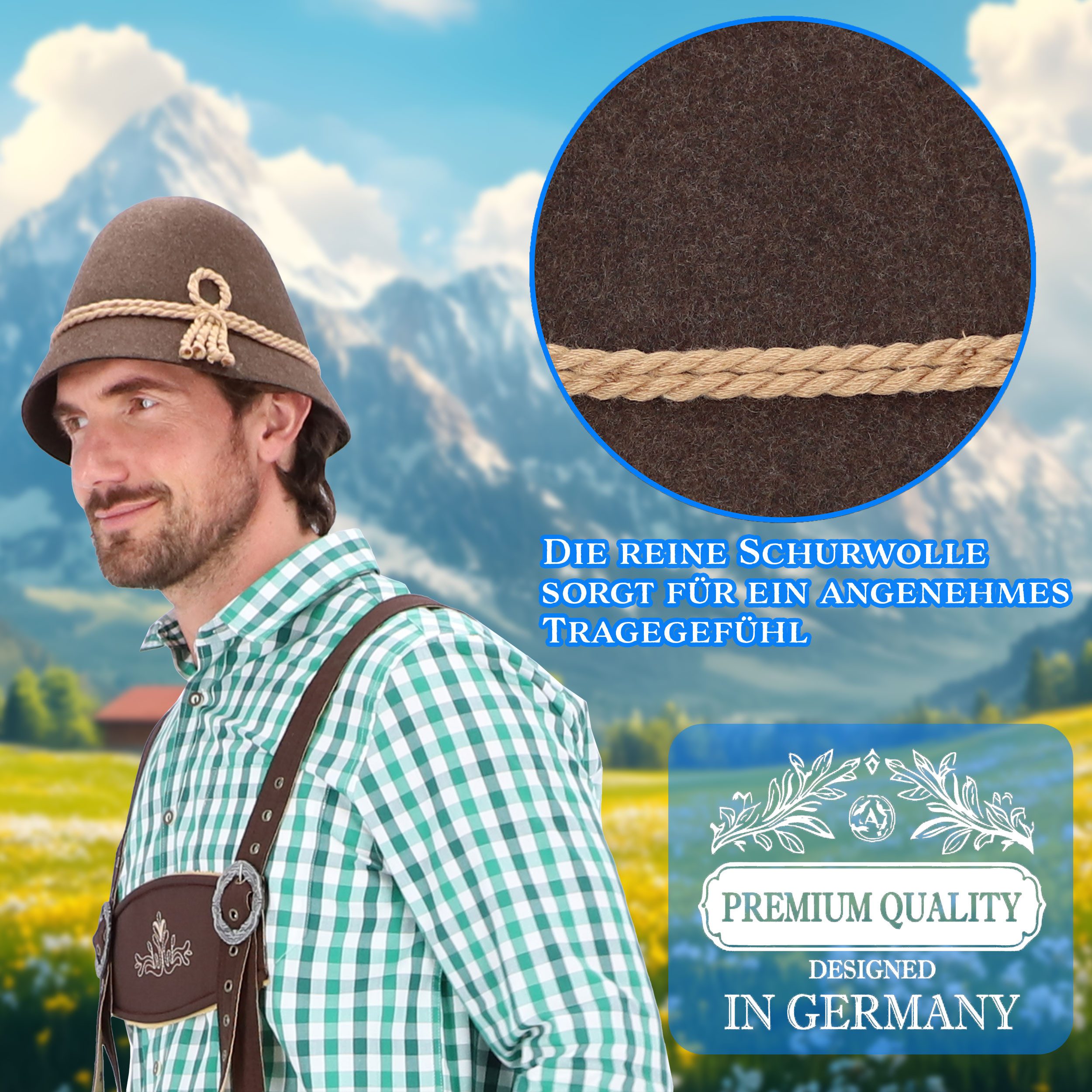 Steigenhöfer Manufaktur Trachtenhut Herren Heinrich - bayrischer Wanderhut Stopselhut aus 100% Schurwolle Schmale Krempe & Kordel - 2-Fach Kordel - Ideal fürs O – Bild 4 von 5