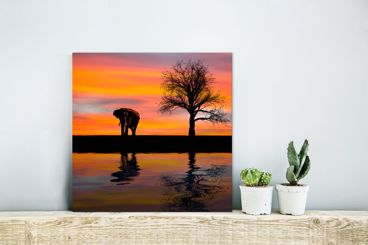 St), Elefant Sonnenuntergang, aus MuchoWow Gemälde und (1 Alu-Dibond-Druck, Aluminium Metallbild Metall, deko