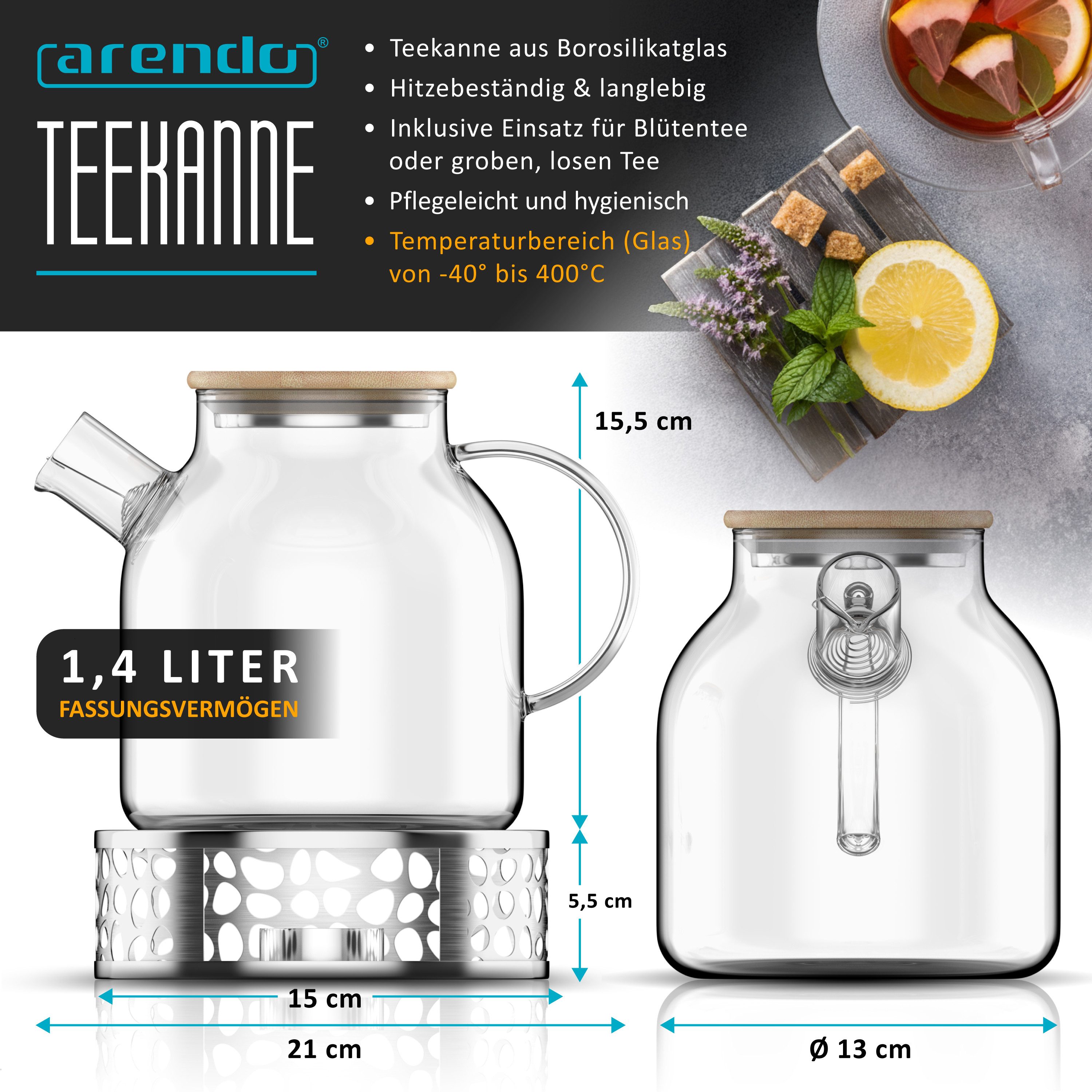 Arendo Teekanne Glas Teebereiter mit Stövchen, Sieb & Bambusdeckel für losen Tee, 1,4 l, (Set, Glaskanne, Teesieb, Rechaud), Borosilikatglas, Tischkocher, Edelstahlsieb, hitzebeständig, Geschenk