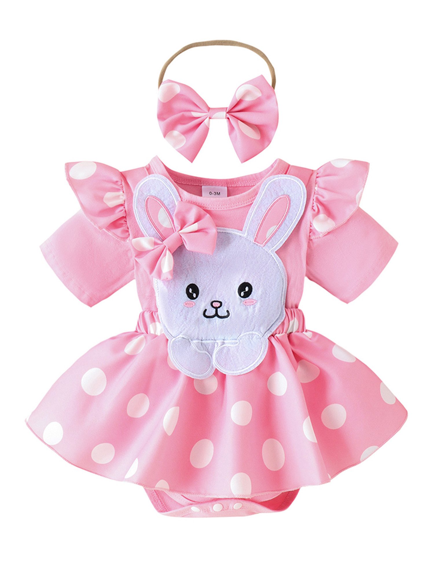 LAPA Strampler Baby Mädchen Outfits süßes Partykleid mit Rüschen Kaninchenmuster (Strampler Kleid & Haarband, 2-tlg) Rosa Strampler Anzug mit Stirnband, Kleid mit verspieltem Polka dot