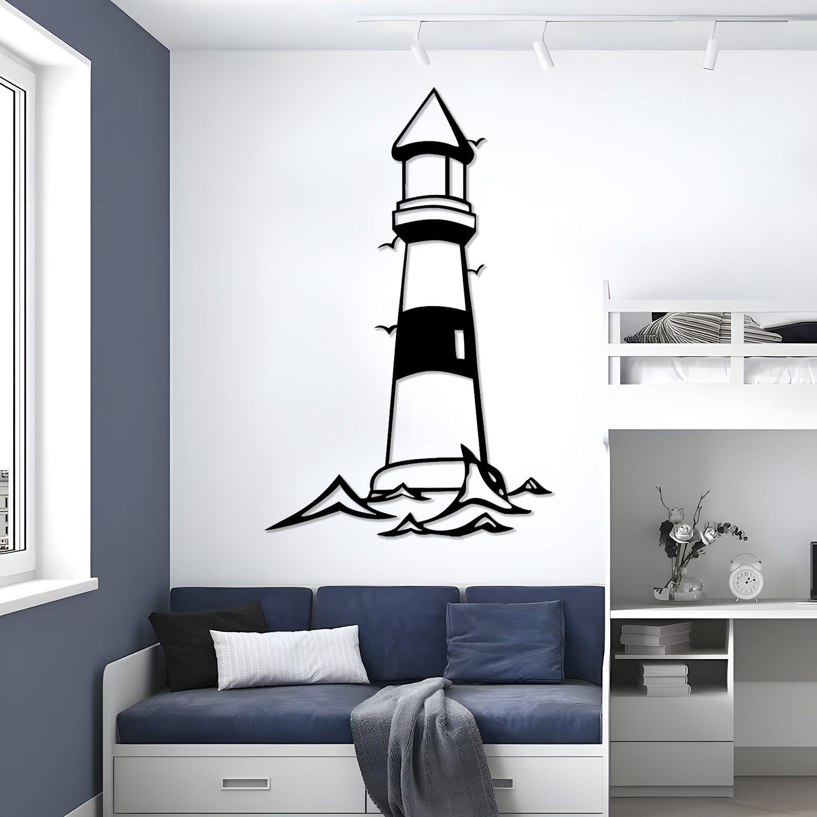 Jumpeak Wanddekoobjekt Leuchtturm-Wanddeko,Umgeben Möwen,Fliegen,Kunstvolle Linienführung, Metall,4 Farben,4 Maße,Maritimen Geschenke,Küstenflair,Für Wohnzimmer