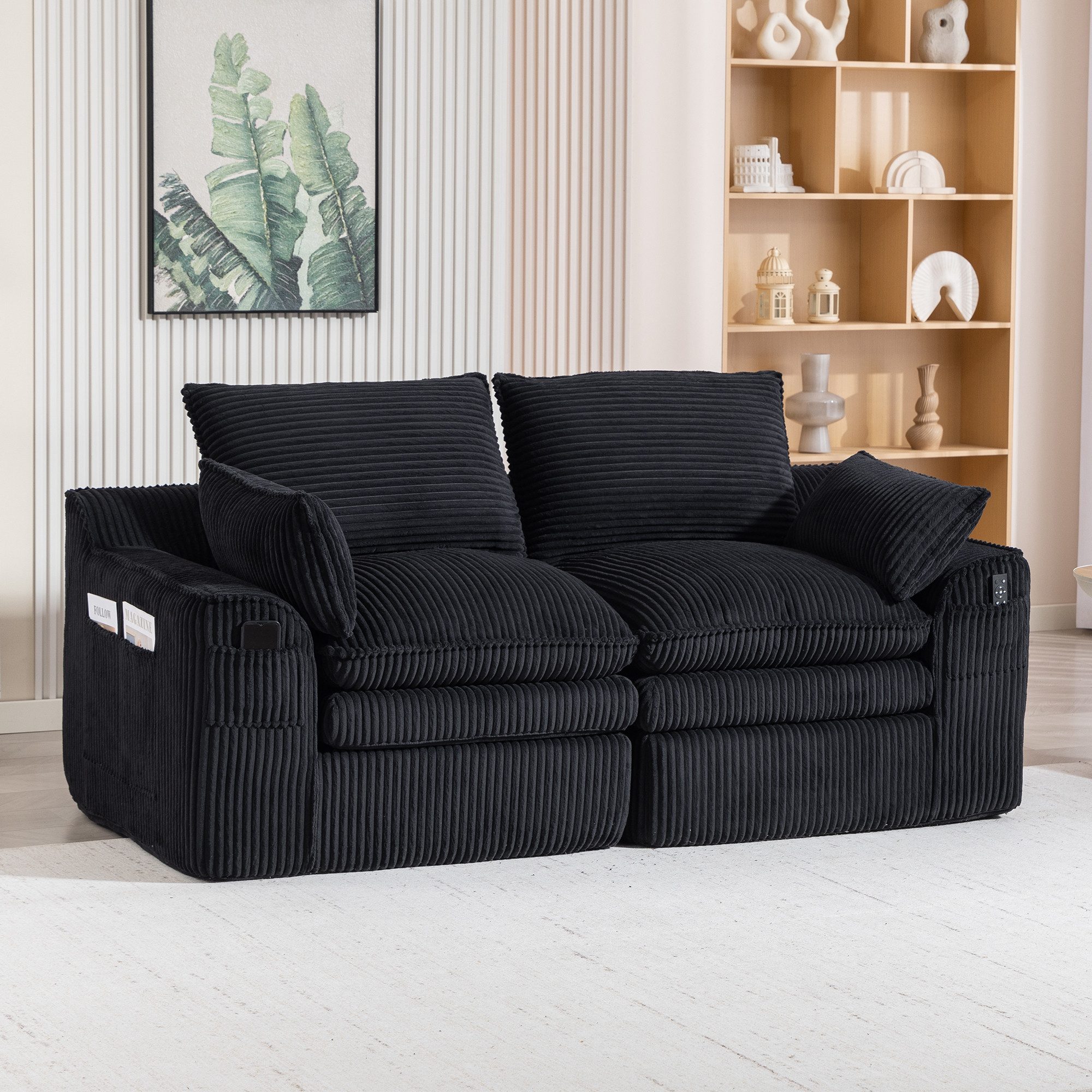 HAUSS SPOLE Loungesofa aus Cordstoff,2-Sitzer Polstersofa Relaxsofa mit Seitentaschen,Schwarz, Schwammstruktur mit integriertem Federkern, Frei kombinierbar – für Wohnzimmer, Büro & mehr