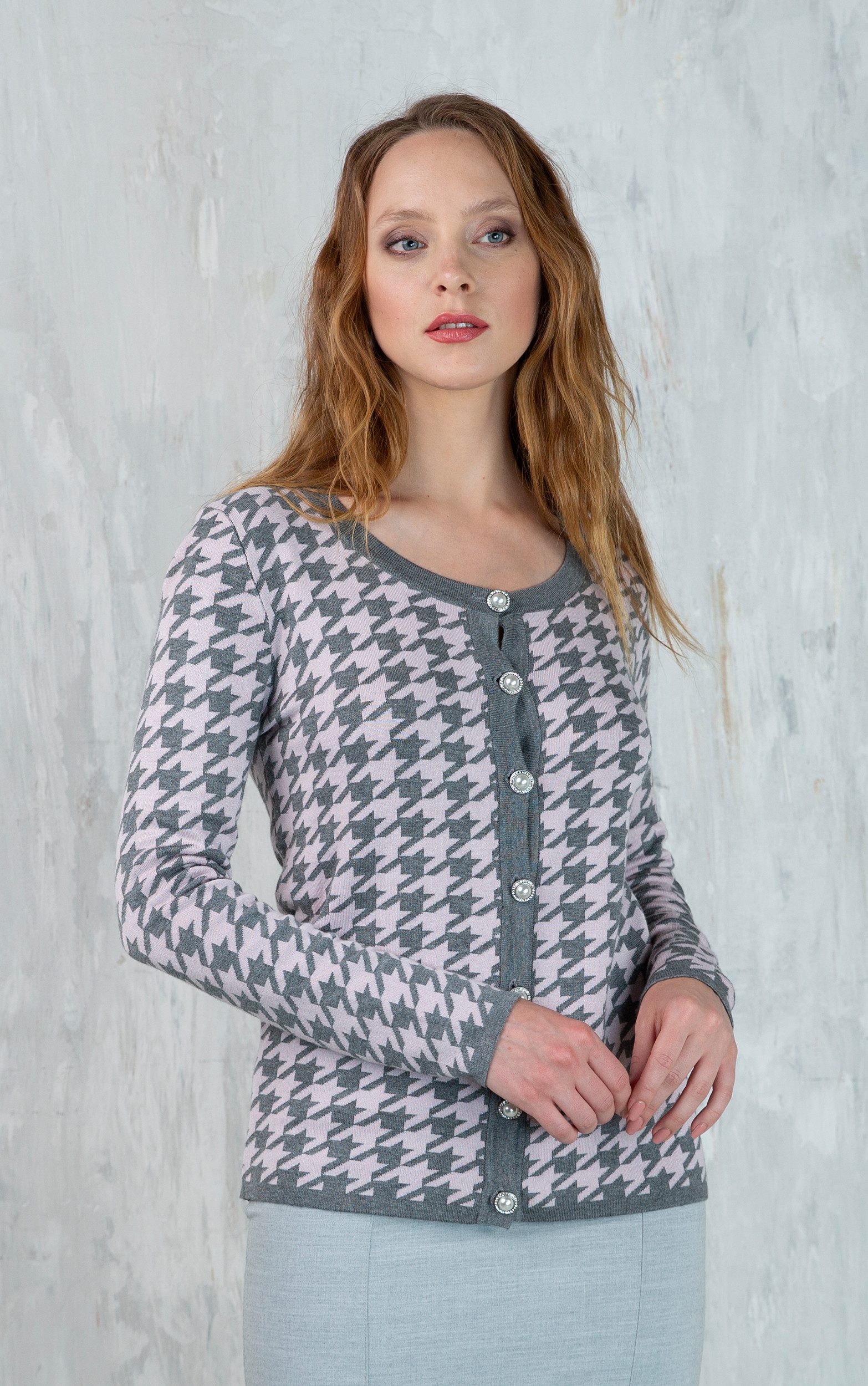 Passioni Cardigan mit Hahnentrittmuster und Perlenknöpfen günstig online kaufen