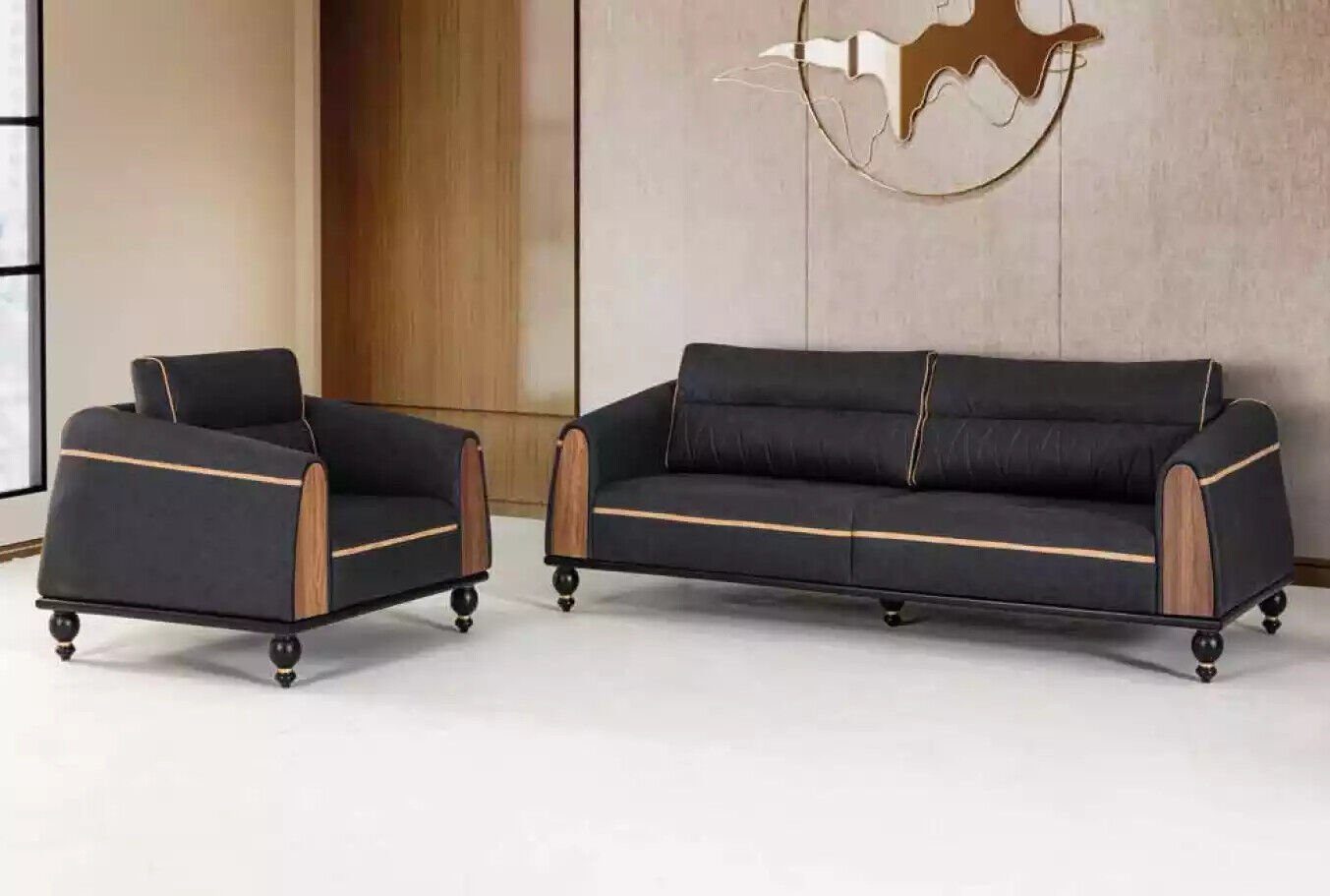 JVmoebel Sofa Schwarze Sofas Set Moderne Garnitur Dreisitzer Sessel Stoffmöbel 2tlg, Made In Europe