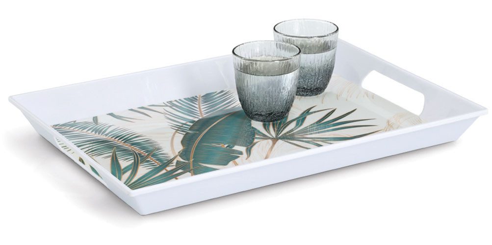 Zeller Present Tablett Melamintablett "Palm leaves", Melamin, tropisches Motiv, Tragegriffe, 34,8x50 cm