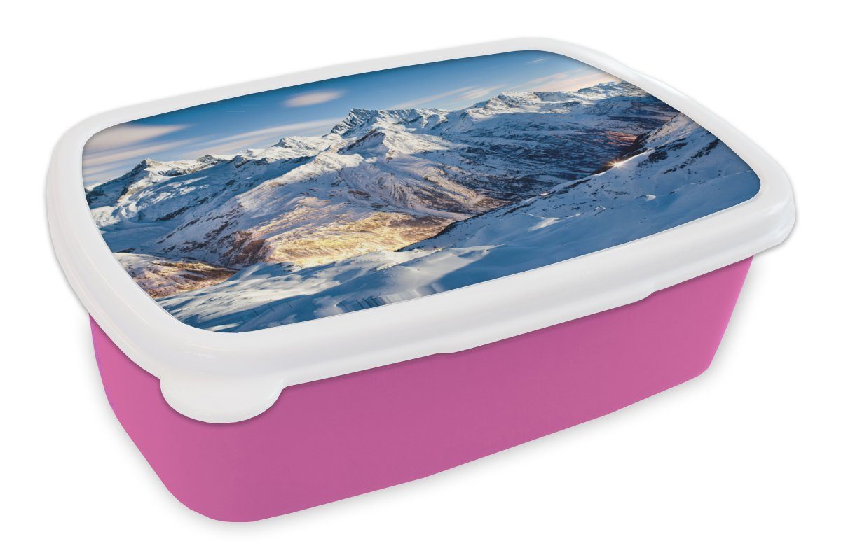 MuchoWow Lunchbox Alpen - Berg - Schnee, Kunststoff, (2-tlg), Brotbox für Erwachsene, Brotdose Kinder, Snackbox, Mädchen, Kunststoff rosa