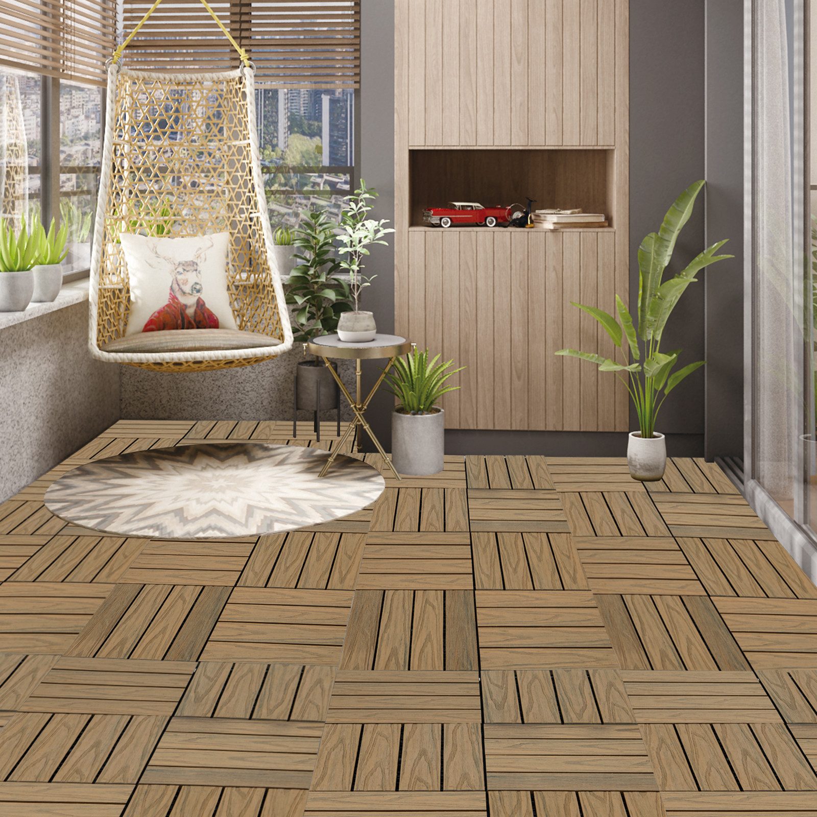 Woltu WPC-Fliesen, 11 St., 11er-Set WPC Balkonfliesen in Holzoptik, Hellbraun