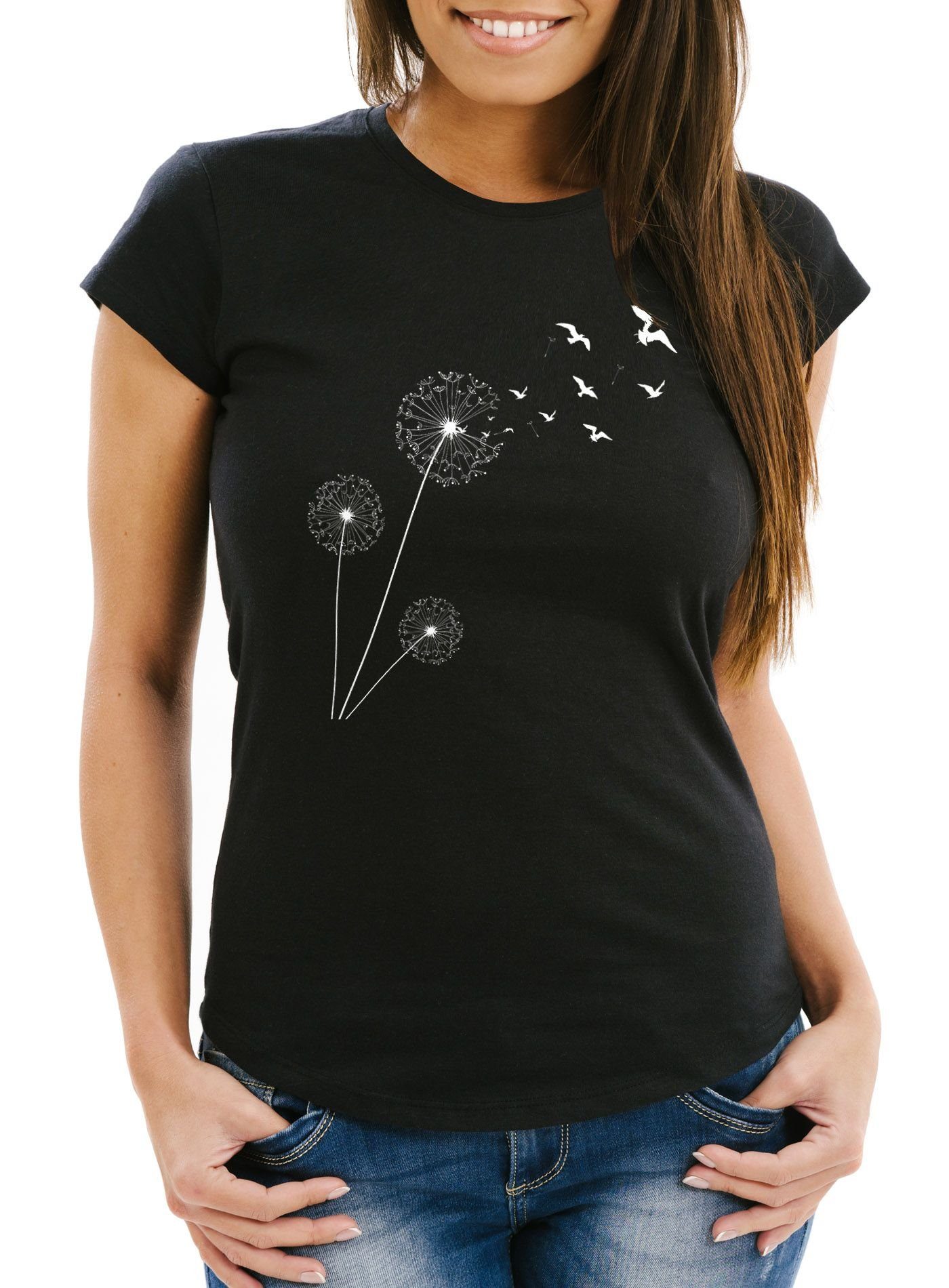 Neverless Print-Shirt Damen T-Shirt Pusteblume Vögel Dandelion Birds Slim Fit mit Print