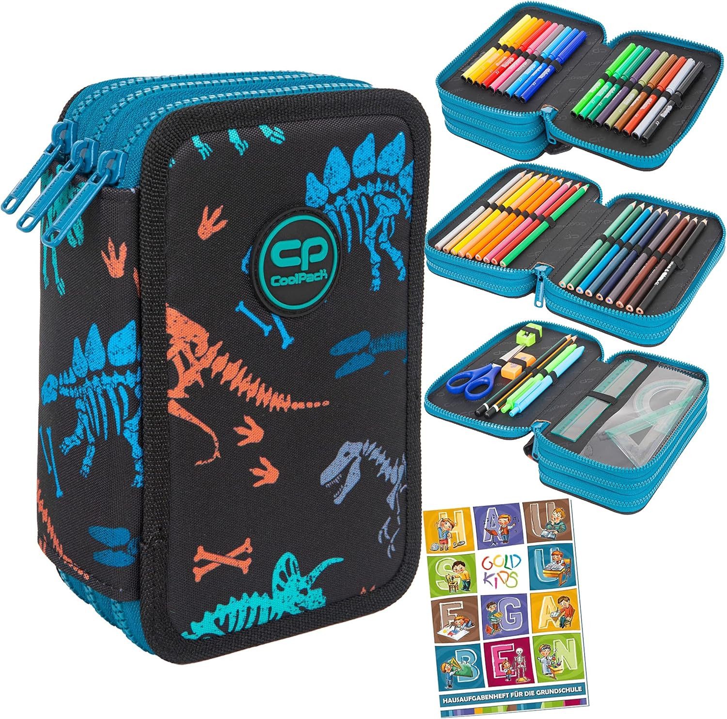 GOLDKIDS Federmäppchen Federtasche 3-fache FOSSIL Tiere 46-teilig gefüllte, (Schüleretui Stifte und Pinsel inkl., 1-tlg., Aufgabenheft Federbox Etui), Stiftetasche Schlamper-Etui Schul-Etui